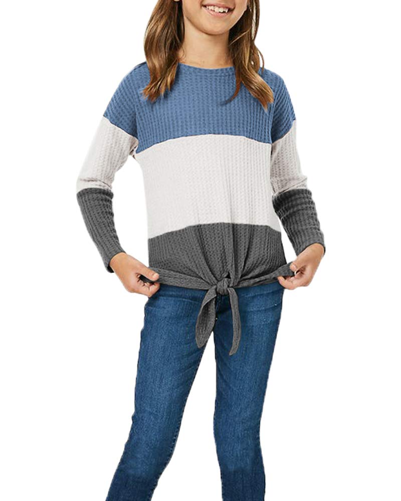 Girls Waffle Knit Colorblock Tie Front Long Sleeve T-Shirt Tunic Top - Casual Comfort for School, Playdates & Everyday Wear