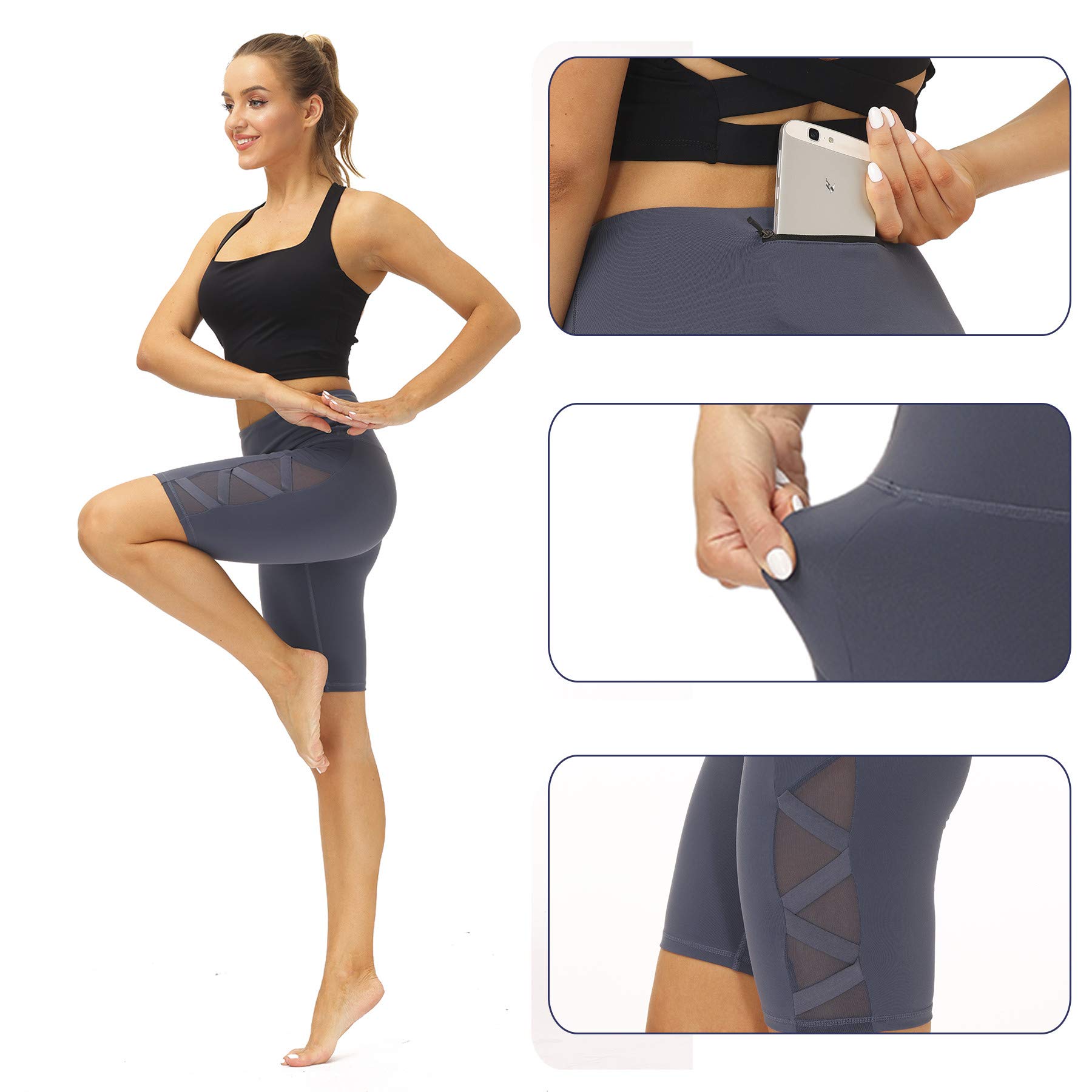Romansong Women's High Waisted Yoga Pants with Pockets - 4-Way Stretch Tummy Control Mesh Capri Leggings, Non See-Through Workout & Lounge Wear for Gym, Running, Pilates