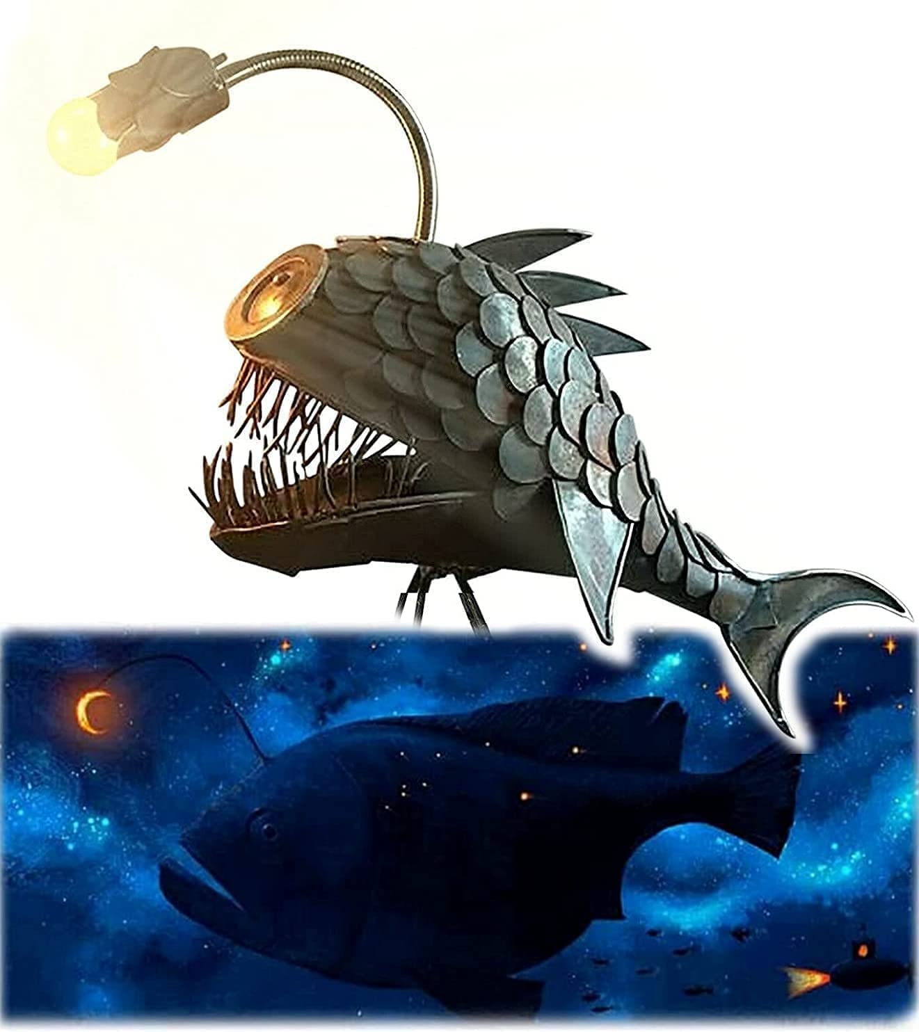 CAFELE Rustic USB Angler Fish & Shark Lamp - Steampunk Style Table Light with Simulated Flame LED Bulbs, Handmade Night Light & Reading Lamp, Industrial Creative Decor for Home, Office, Bedroom, or Study (Small)