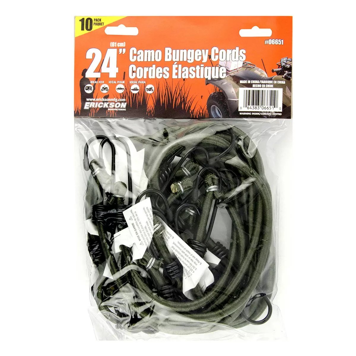 Erickson Manufacturing Bungee Cords 10-Pack - 8mm x 24 Inch Heavy Duty Elastic Ropes with Hooks - Camouflage Design for Camping, Hiking, and Outdoor Gear Organization
