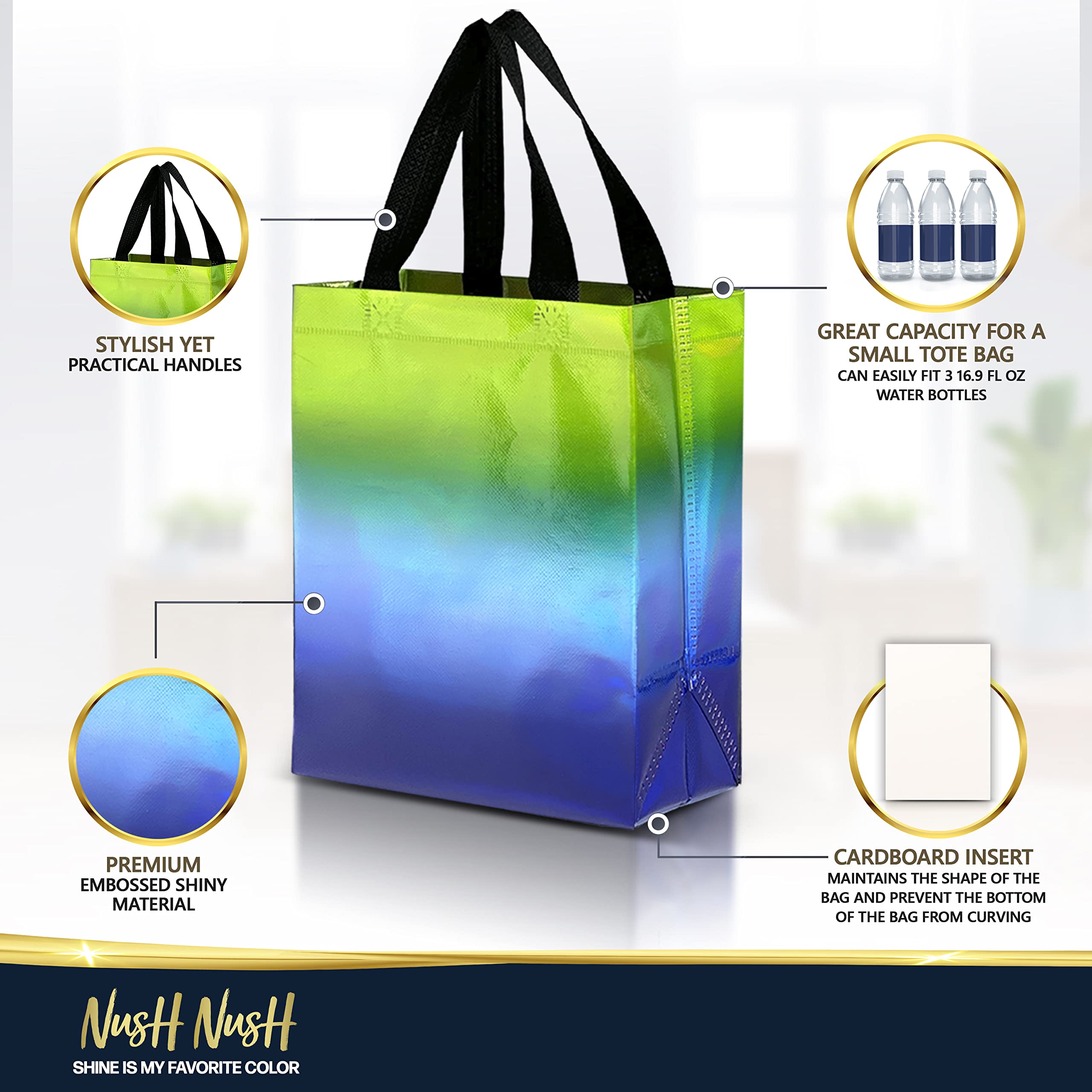 Nush Nush Set of 12 Reusable Gradient Gift Bags with Handles - 4 Elegant Designs for Birthdays, Parties & Goodie Bags (8x4x10 Inches) - Perfect for Christmas, Baby Showers & Wedding Favors