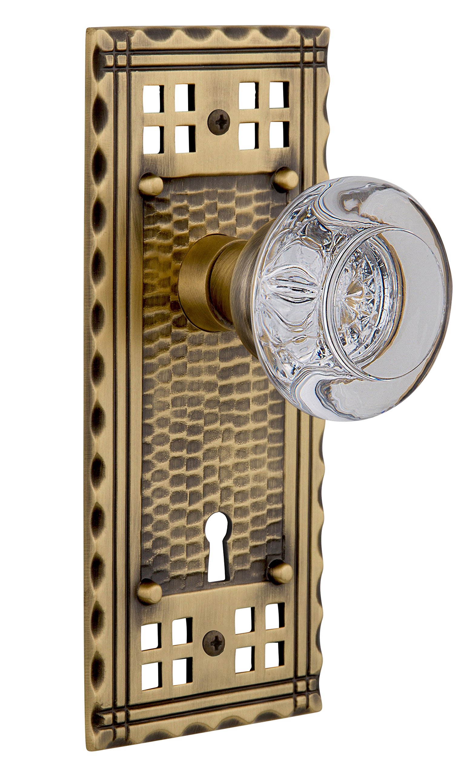 Vintage Craftsman Plate with Keyhole & Clear Crystal Glass Knob - Antique Brass Single Dummy Door Handle - Perfect for Farmhouse, Cottage & Victorian Style Home Decor
