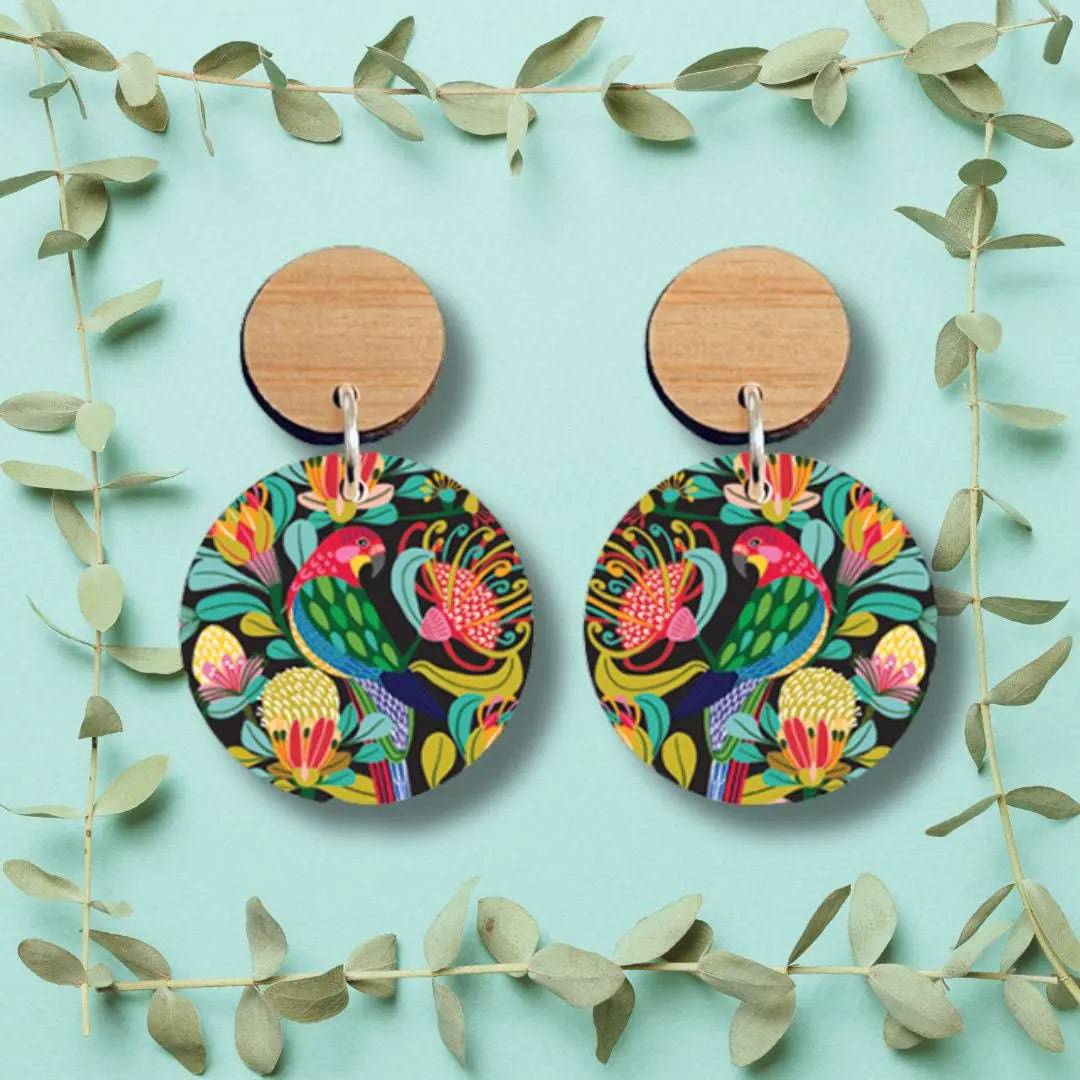 Handmade Australian Rosella Parrot Wooden Earrings - Unique Boho Bird Jewelry for Women - Perfect for Festivals, Parties & Nature Lovers