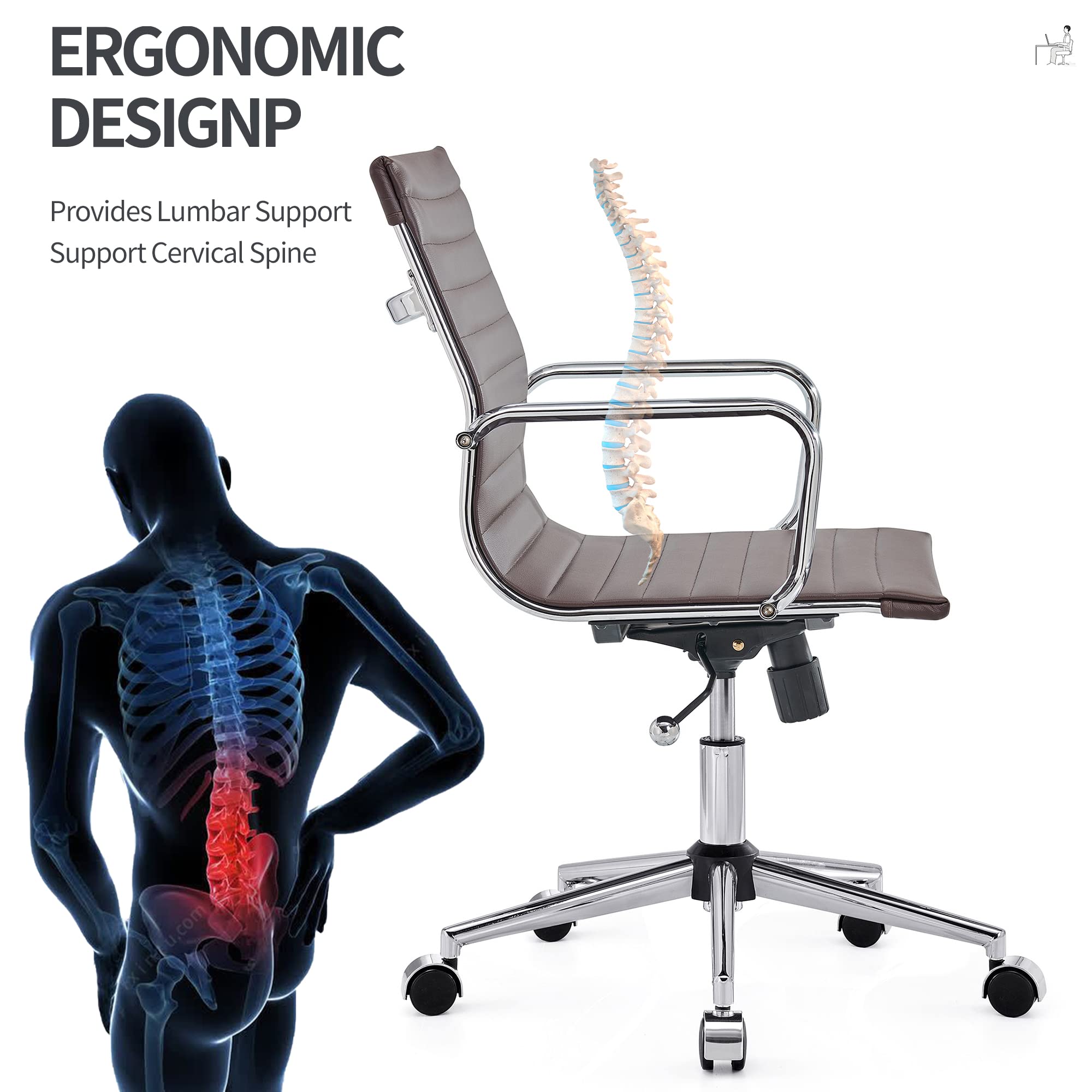 Ergonomic Leather Office Chair - Modern Swivel Executive Desk Chair with Ribbed Design for Home Office & Conference Room - Comfortable Rolling Task Chair for Computer Work & Long Hours Sitting