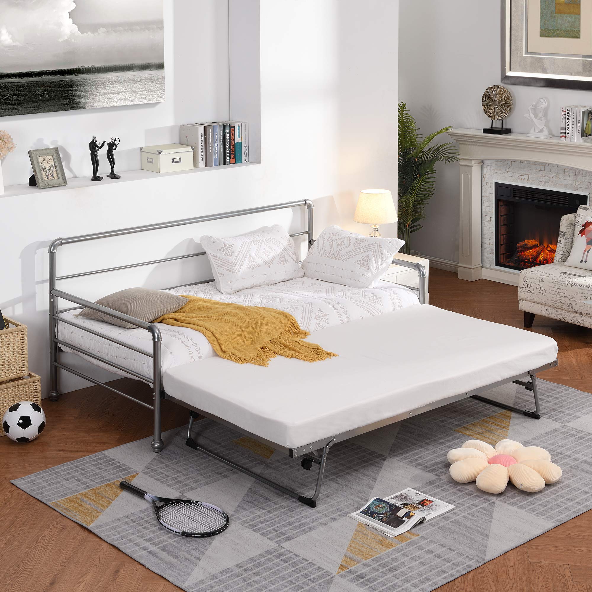 SQX Metal Twin Size Daybed with Adjustable Trundle - Converts to King Size Bed - Space Saving Portable Guest Bed (Silver) | Perfect for Small Apartments, Guest Rooms & Dorm Rooms SM001101AAN
