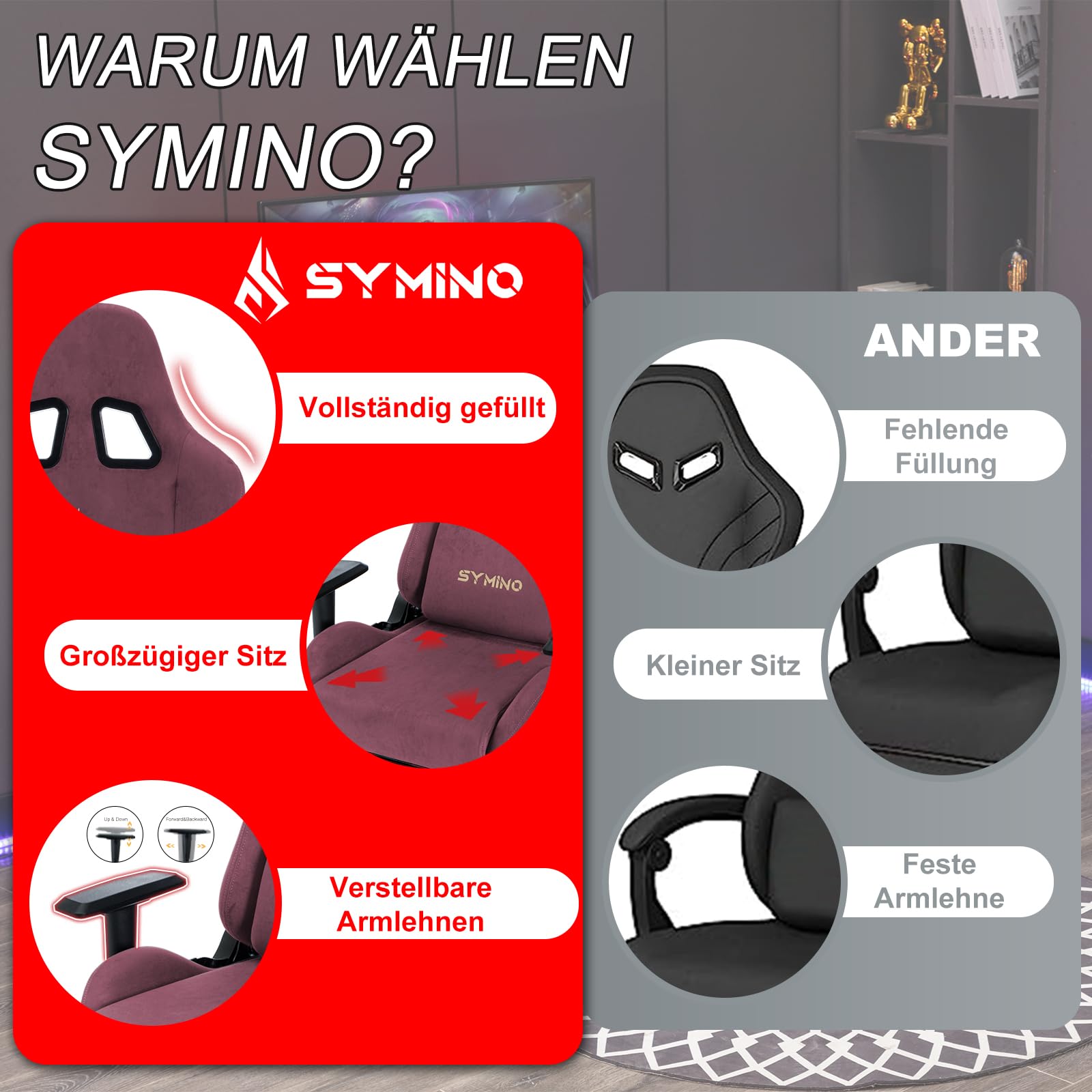 Symino Ergonomic Gaming Chair - Breathable High-Quality Fabric Office Chair with Adjustable Height, 360° Rotation & Footrest - Soft Fur-Like Comfort for PC Gaming & Work - Perfect for Home Office, Streaming & Esports
