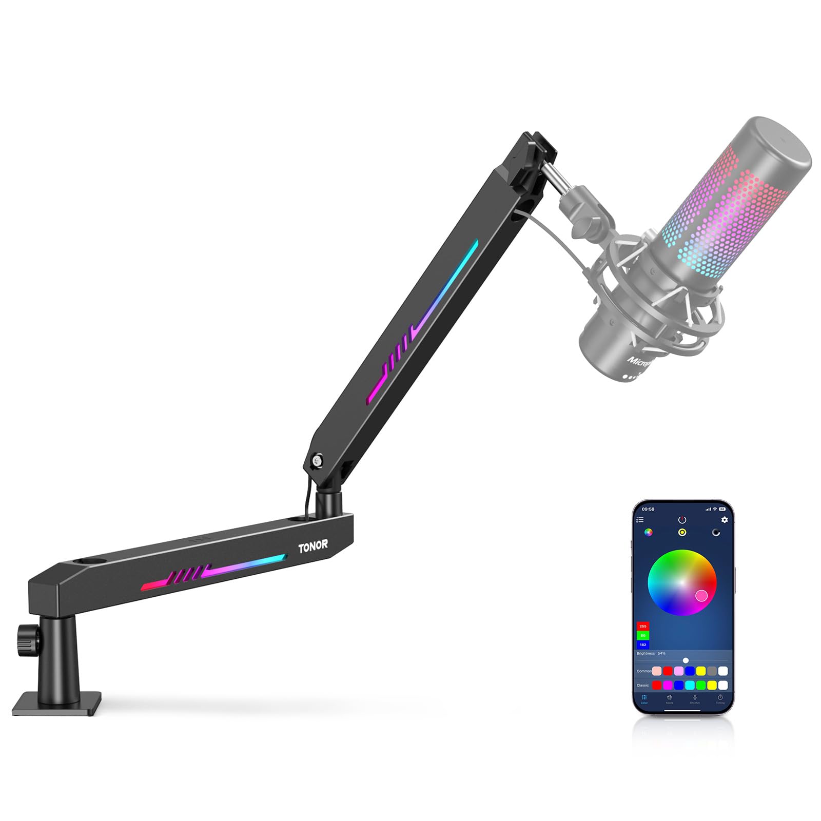 TONOR RGB Gaming Microphone Boom Arm - Adjustable Low Profile Mic Stand with RGB Lighting & Cable Management | Compatible with HyperX Quadcast, Blue Yeti | Perfect for Streaming, Podcasting & Home Studio Setup