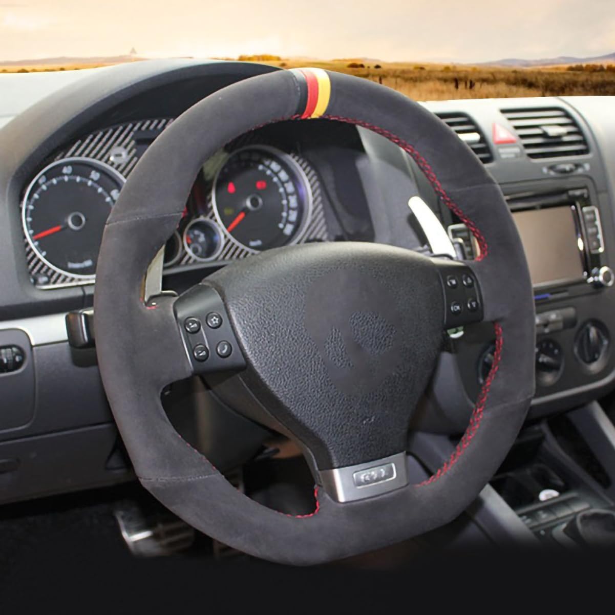 Premium Custom Fit PU Leather & Carbon Fiber Steering Wheel Cover for VW R32 (2008), GTI (2006-2009), Jetta GLI (2006-2009) - Anti-Slip Grip, Enhanced Comfort & Style for Daily Driving & Performance Cars