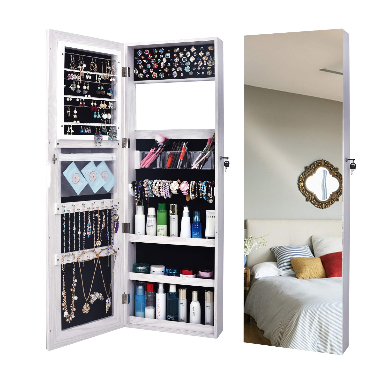 Full Length Mirror Jewelry Armoire with LED Lights - Wall Mounted White Jewelry Cabinet Organizer for Bedroom, Closet & Dressing Room