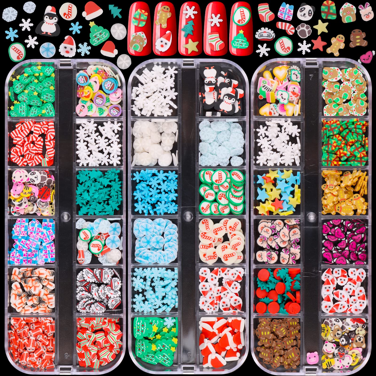 Lorvain 36 Grids Christmas Nail Art Slices - 3D Nail Flake Charms with Hearts, Stars, Snowflakes & Santa Designs | DIY Nail Sequins for Women & Girls | Perfect for Holiday Nail Art, Face & Body Decoration (3-Pack Box Set)