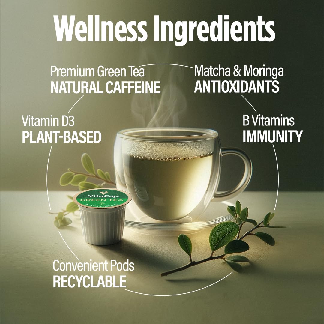 VitaCup Green Tea Pods with Matcha, Moringa & B Vitamins - Energy Boost & Detox Support - Keto, Paleo & Vegan Friendly - Recyclable Single Serve Pods (64 Count) - Compatible with Keurig K-Cup Brewers - Perfect for Home, Office & On-the-Go Wellness