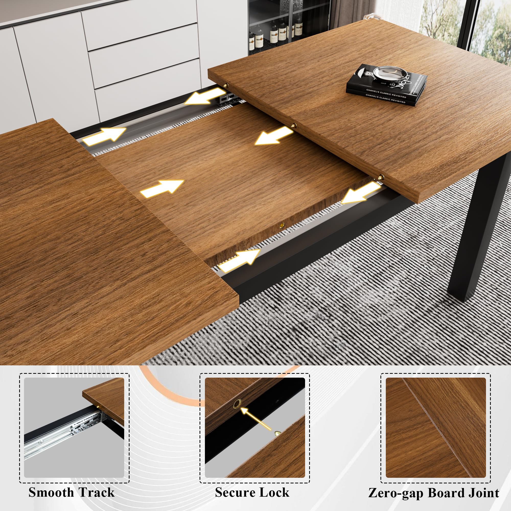 iPormis 5-Piece Extendable Dining Table Set with 2 Benches & 2 Stools - Mid-Century Modern Kitchen Table for 4-8 People, Space-Saving Walnut Design with Metal Frame & MDF Board - Perfect for Small Apartments, Breakfast Nooks and Family Gatherings