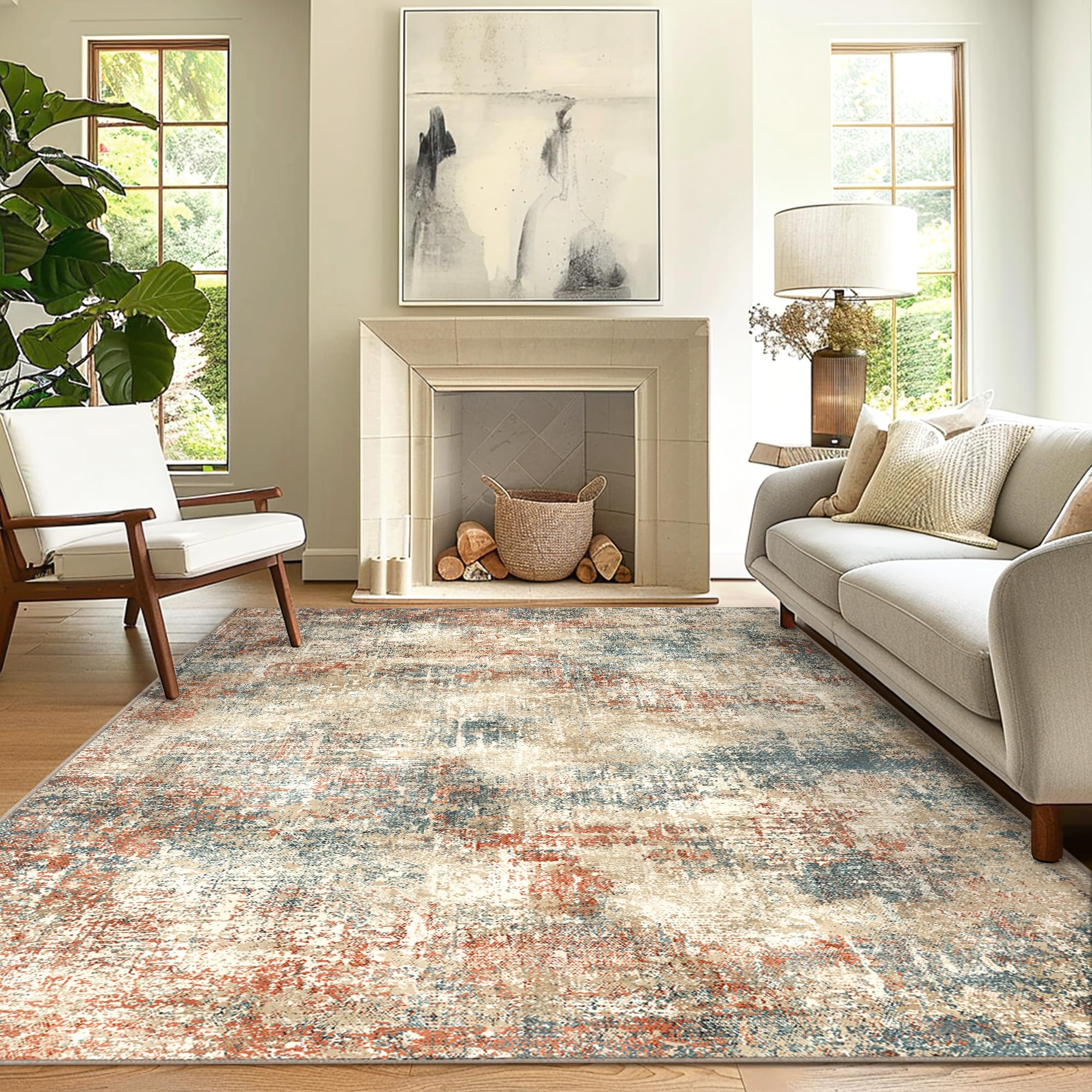 GENIMO Washable 8x10 Modern Abstract Non-Slip Area Rug - Soft Low Pile Indoor Carpet for Living Room, Bedroom, Dining Room & Kitchen - Perfect for Home Decor, Apartment Flooring & High Traffic Areas