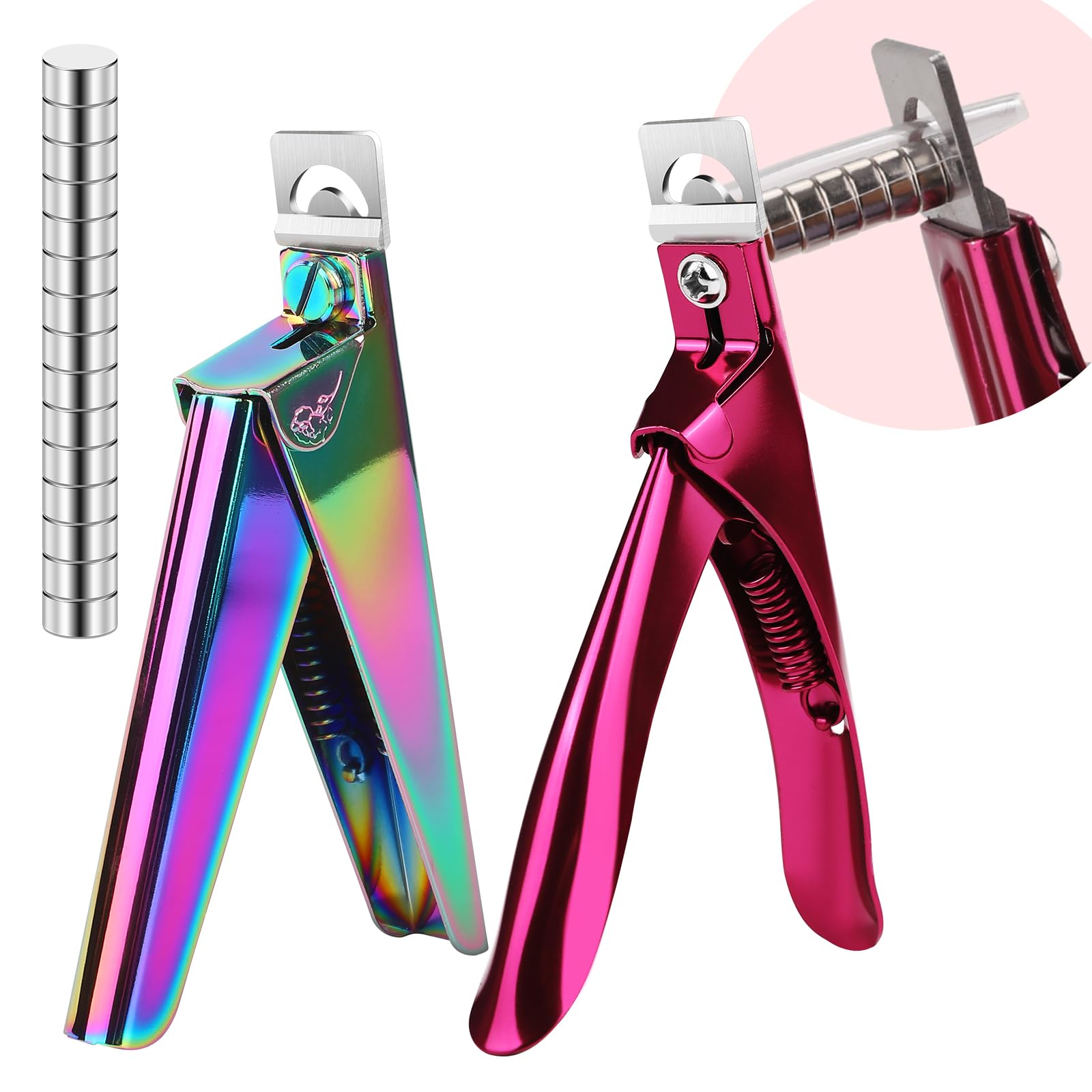 2-Pack Stainless Steel False Nail Clippers with 15PCS Small Magnets - Professional Acrylic Nail Cutter for Home Salon & Nail Art (Rainbow/Pink) - Perfect for Manicures, DIY Nail Care & Beauty Professionals