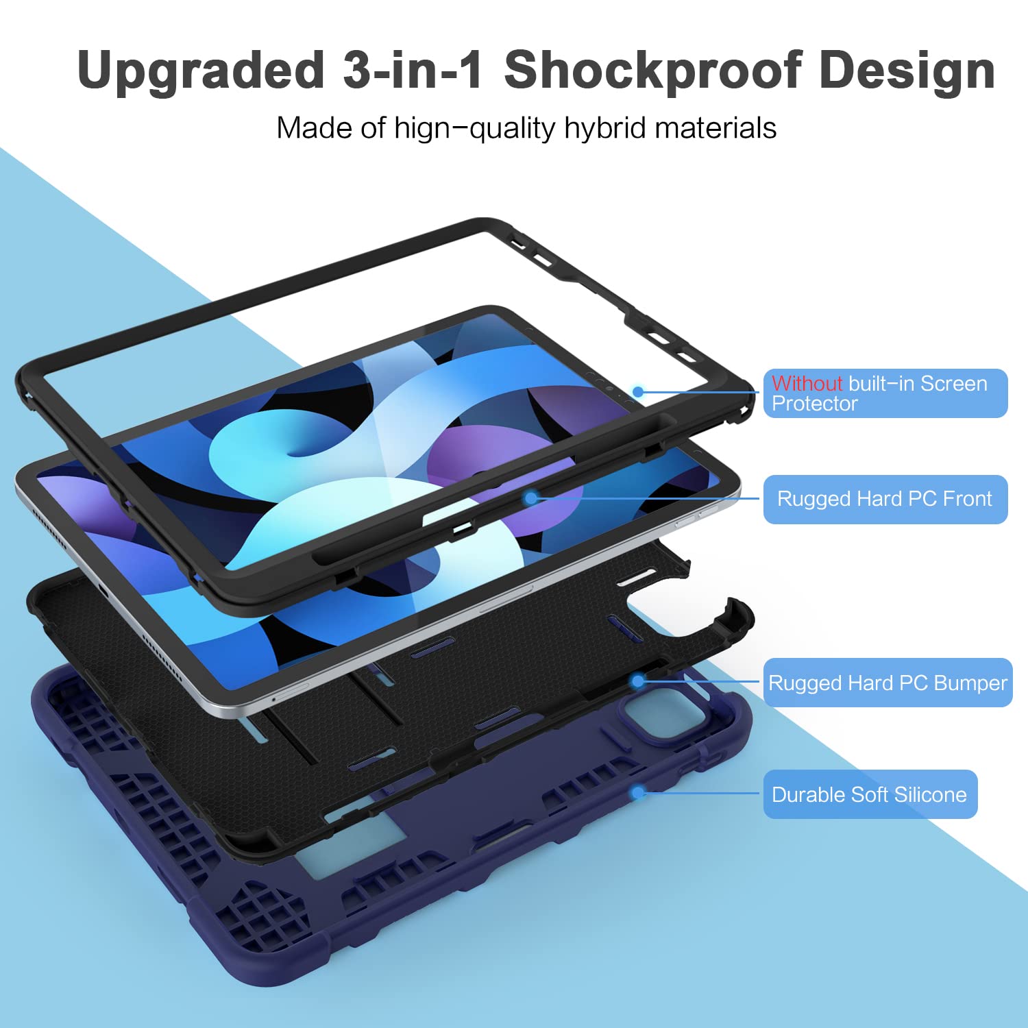 Shockproof Rugged Protective Case for iPad Air 5th/4th Gen 10.9 Inch (2022/2020) - Navy Blue Kids Case with Apple Pencil 2nd Gen Charging Support | Perfect for School, Travel & Outdoor Activities