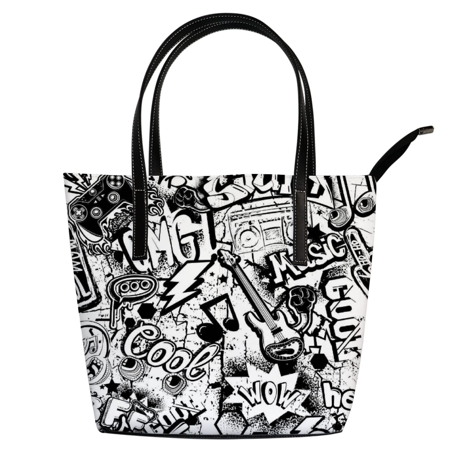 Vintage Black and White Abstract Comics Graffiti Leather Tote Bag for Women - Stylish Crossbody Handbag with Zipper - Perfect for Work, Travel & Everyday Use
