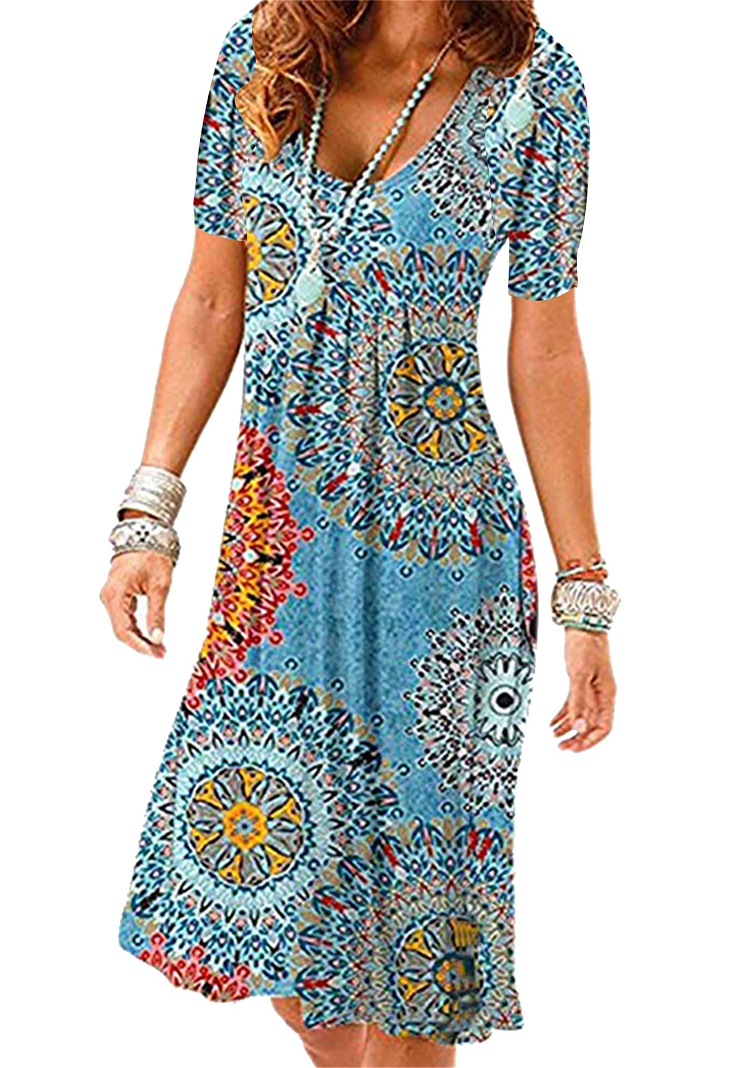 YMING Women's Plus Size Floral Print Pleated Sundress - Short Sleeve Crew Neck A-Line Swing Dress for Summer Beach Vacation, Garden Party & Casual Outings