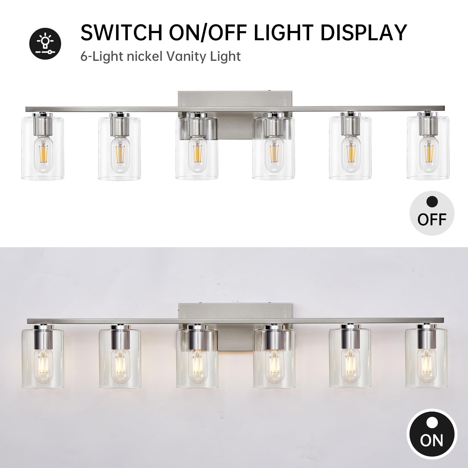 6-Light Brushed Nickel Bathroom Vanity Lighting Fixture with Clear Glass Shade - Modern Mirror Lights for Bathroom, Powder Room & Dressing Area - Perfect for Makeup, Shaving & Grooming