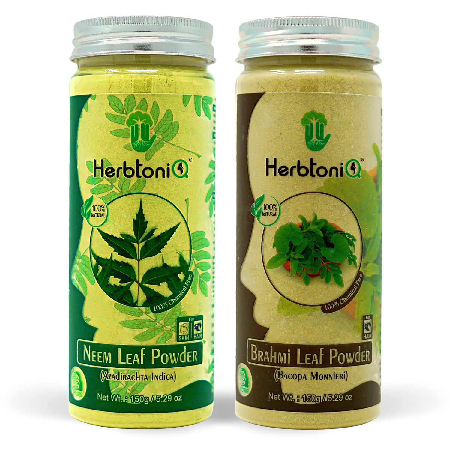 HerbtoniQ 100% Natural Neem Leaf & Brahmi Leaf Powder - Organic Hair Treatment for Dandruff, Frizzy & Damaged Hair - Intensive Hair Care Pack (300g) - Perfect for Scalp Treatment & Hair Growth at Home