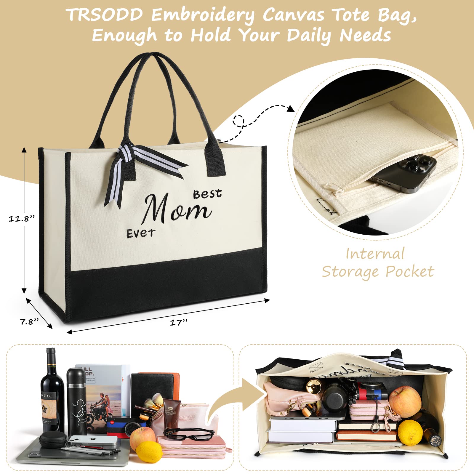 TRSODD Embroidered Canvas Tote Bag & Makeup Bag Set - Unique Mother's Day Gift for Mom from Daughter or Son, Birthday Present for Women - Perfect for Shopping, Travel & Daily Use