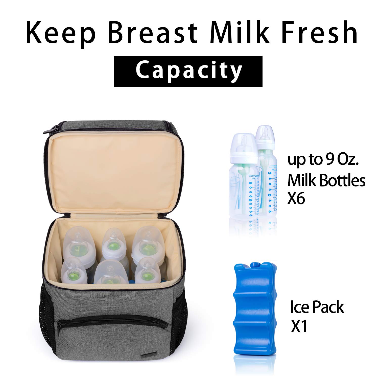 Teamoy Double Layer Insulated Breastmilk Cooler Bag with Ice Pack - Portable Baby Bottle Storage for Travel & Daycare - Holds 6 Large 9oz Bottles (Gray) - Perfect for Nursing Moms, Working Parents & On-the-Go Families