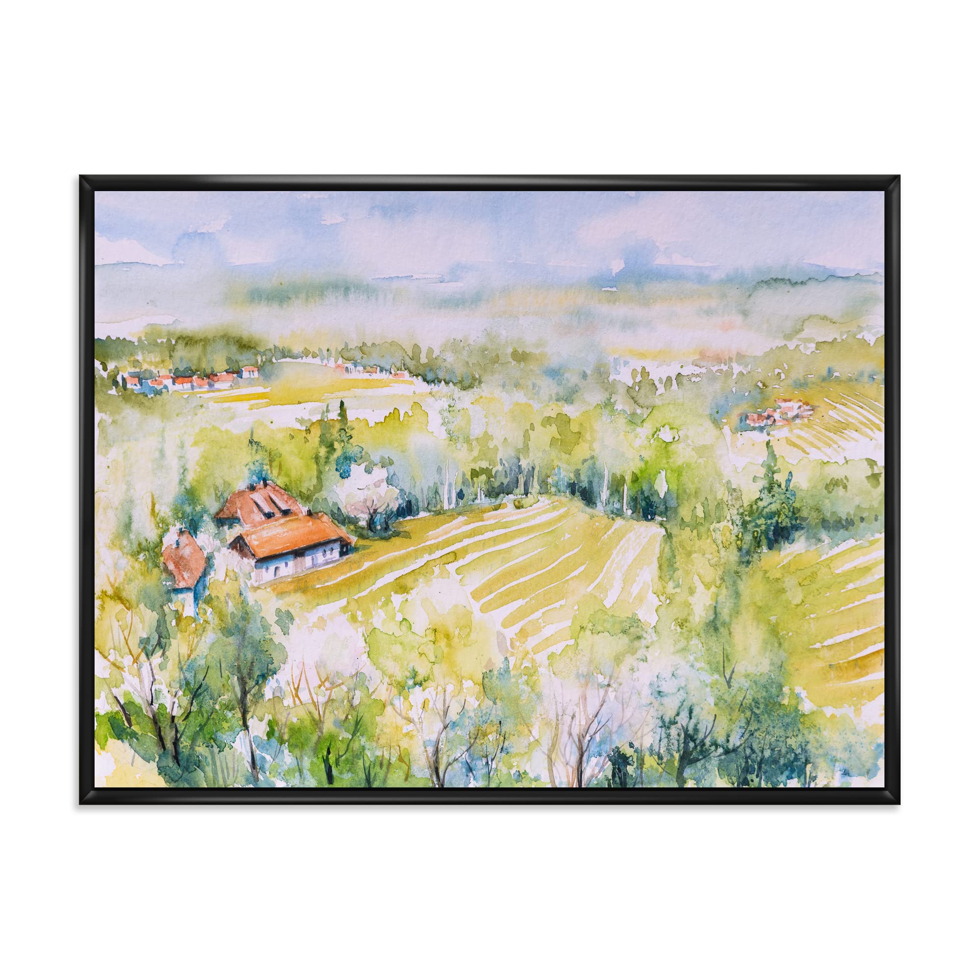 DesignQ Blossoming Green Fields Countryside Landscape Framed Canvas Wall Art Print - Farmhouse Decor, Living Room & Bedroom Wall Decor