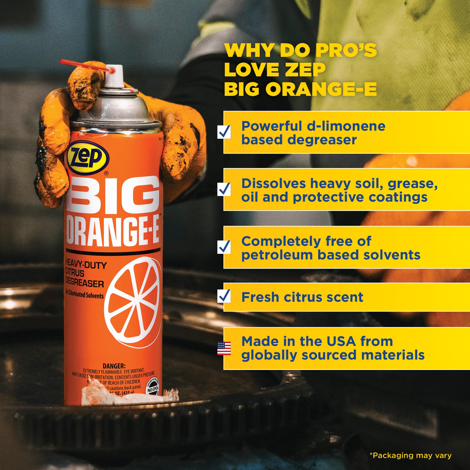 Zep Big Orange-E Heavy-Duty Citrus Degreaser Aerosol - 15 oz (Pack of 12) | Industrial Strength Cleaner with Natural Solvents | Removes Grease, Oil, Tar & Tough Stains | Ideal for Garage, Workshop & Commercial Kitchens