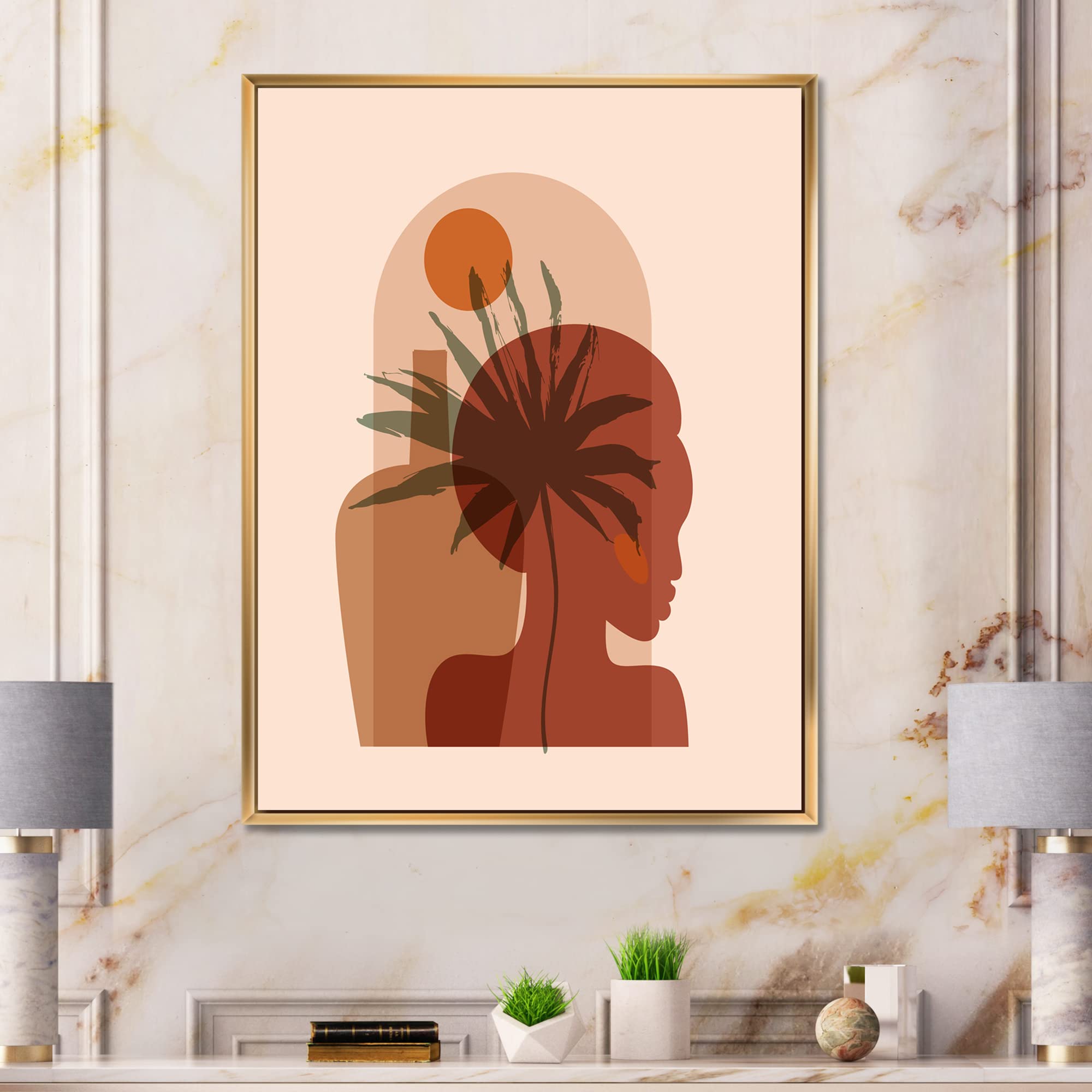 Abstract Tropical Palm Leaf & Pretty Girl Portrait Framed Canvas Wall Art - Modern Home Decor for Living Room, Bedroom & Office