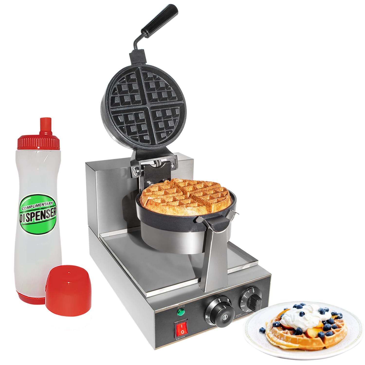 Commercial Belgian Waffle Maker with Flip & Rotating Mechanism - Stainless Steel Thick Waffle Iron 110V for Restaurants, Cafes & Home Breakfast