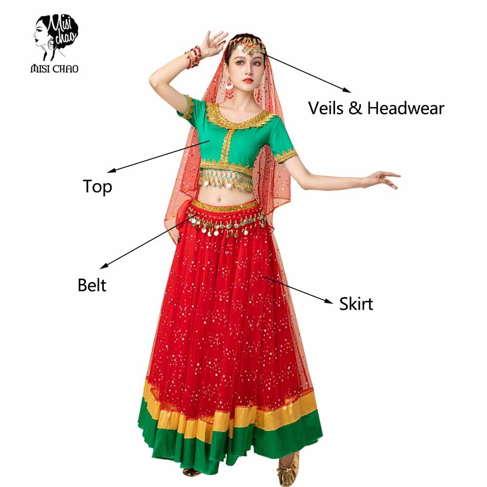 MISI CHAO Women's Belly Dance Costume - Elegant Bollywood Chiffon Dress with Head Veil for Halloween, Parties & Performances | Perfect for Dance Shows, Themed Events & Cosplay