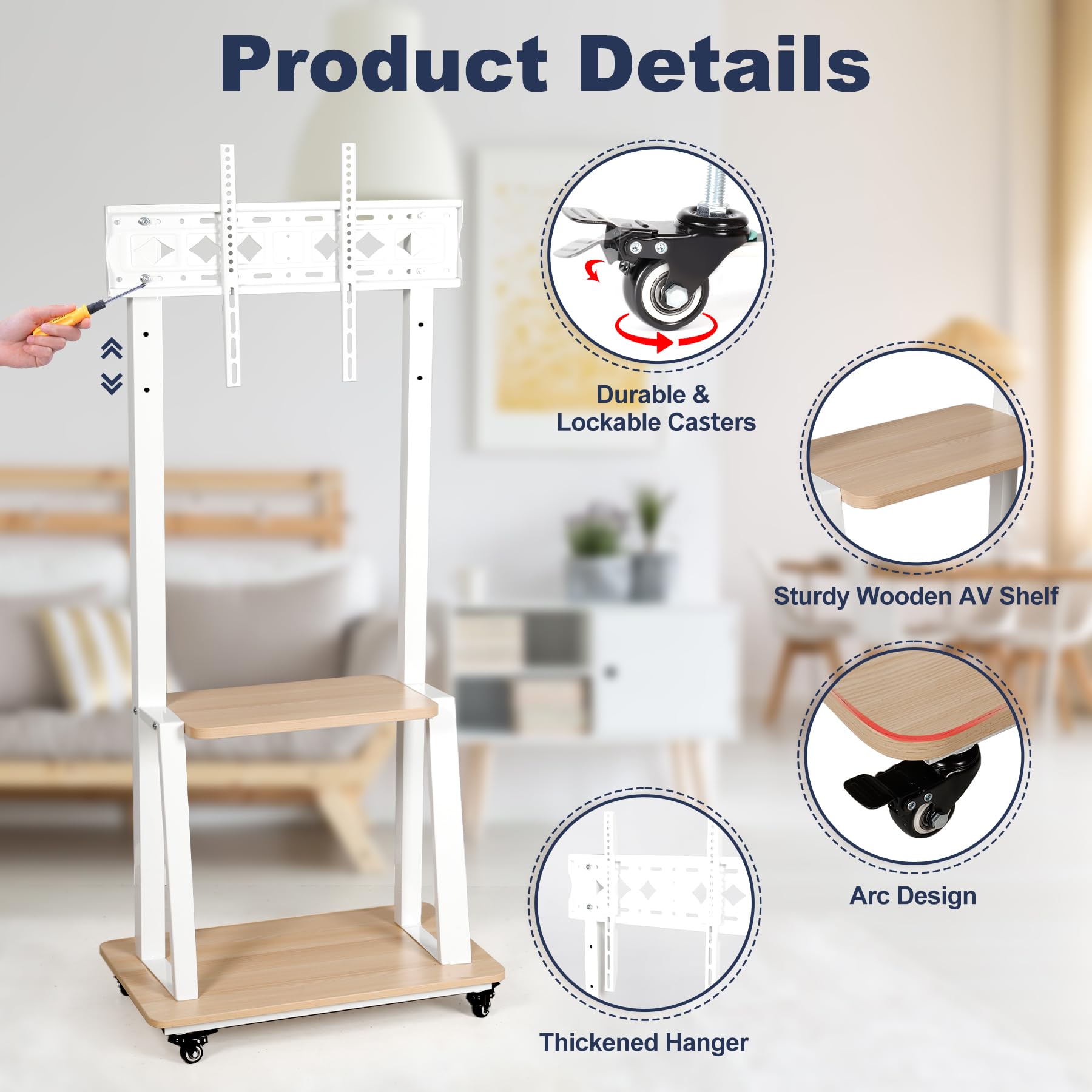Adjustable Rolling TV Stand for 32-75 Inch Flat/Curved Screens - Heavy-Duty Mobile TV Cart with Wheels & Wood Shelf, Supports LCD/LED/OLED TVs up to 100lbs (White) - Perfect for Living Room, Bedroom, or Office Entertainment Setup