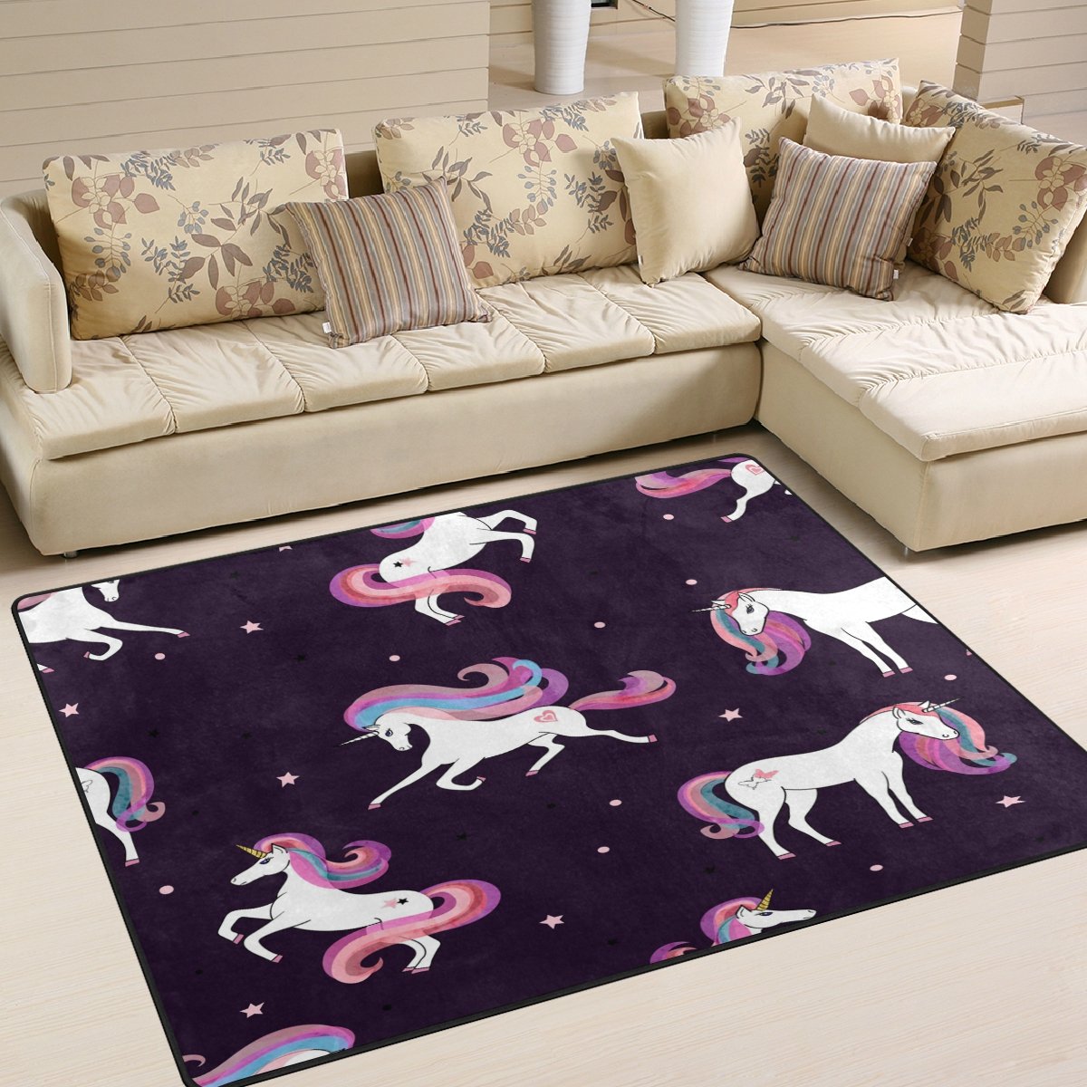 ALAZA 7' x 5' Cartoon Unicorn Star Area Rug - Soft Non-Slip Kids Room Carpet for Bedroom, Living Room & Nursery - Perfect for Playrooms, Dorm Decor and Fantasy Themed Spaces