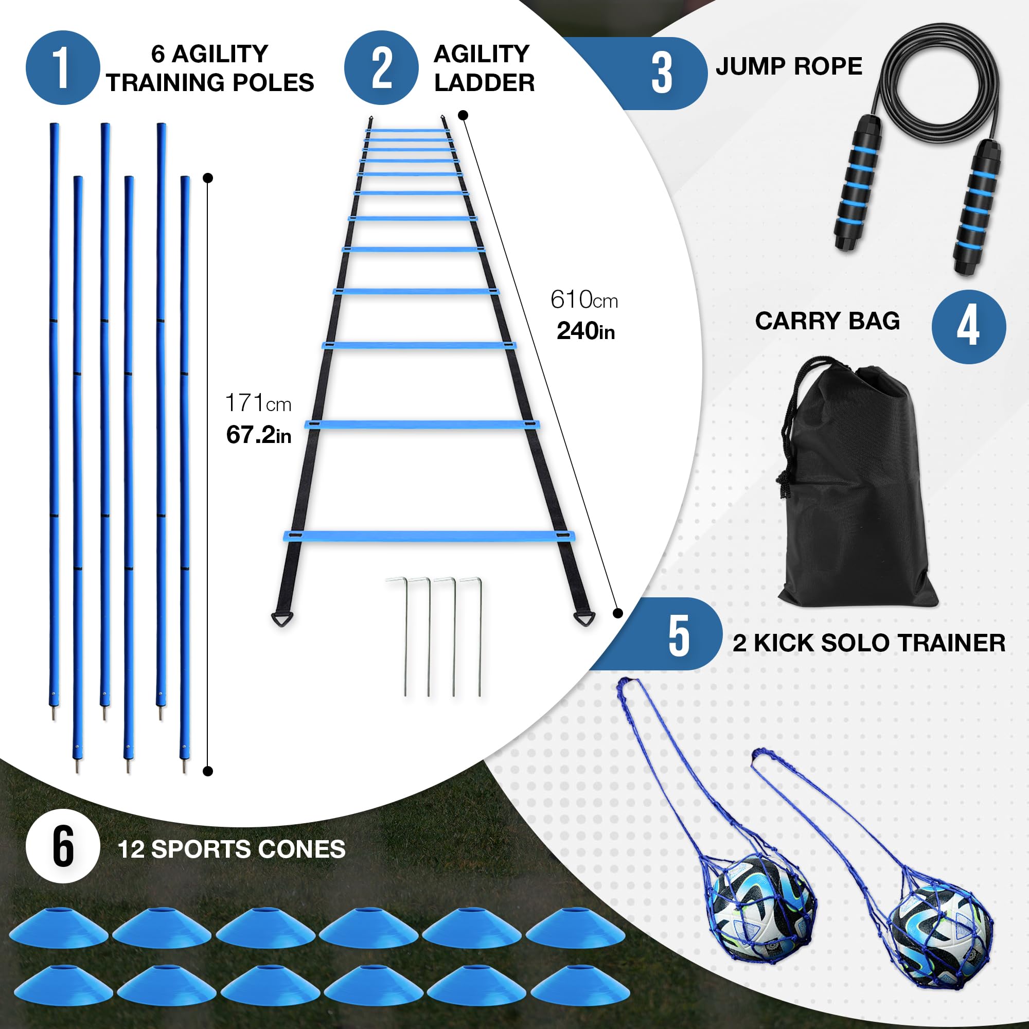Agility Training Set for Soccer & Basketball - 6 Adjustable Poles, 2 Kick Solo Trainers, Agility Ladder, 12 Cones & Jump Rope - Speed & Coordination Equipment for Kids & Athletes - Perfect for Backyard Drills, Team Practice & Home Workouts