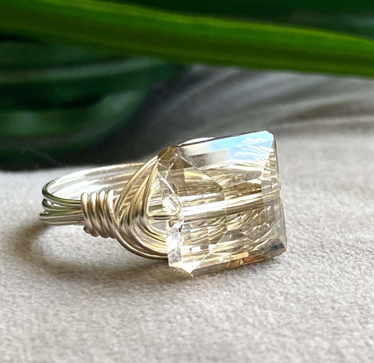Elegant Champagne Square Crystal Ring - Handmade in USA - Perfect for Weddings, Anniversaries & Special Occasions