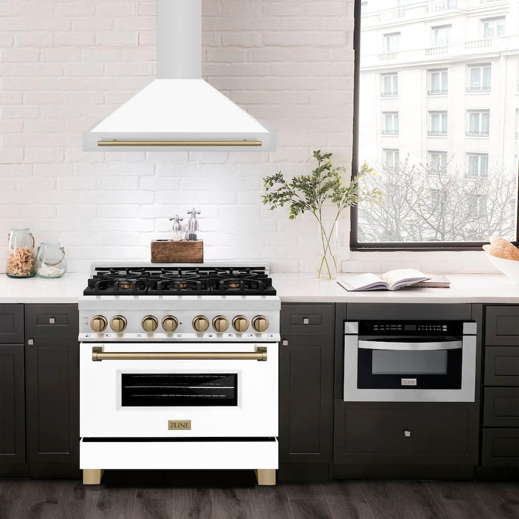 ZLINE KB4STZ Autograph Edition Convertible Stainless Steel Range Hood - White Matte Shell with Champagne Bronze Accents | Professional Kitchen Ventilation for Modern Homes