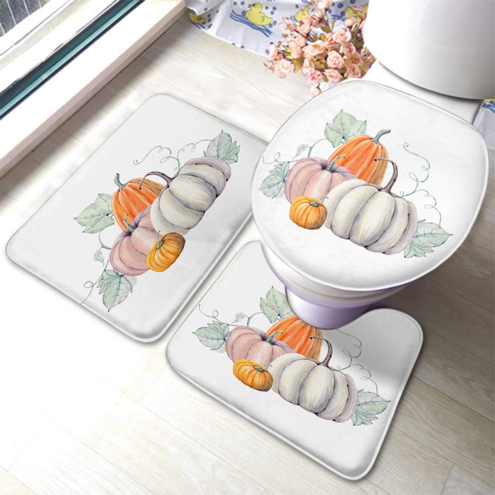 Non-Slip Pumpkin Bath Mat Set - 3 Piece Watercolor Autumn Leaves Design for Thanksgiving & Halloween, Anti-Skid Toilet Seat Cover & Bathroom Rug (Orange/Green) - Perfect for Fall Decor & Cozy Bathroom Safety
