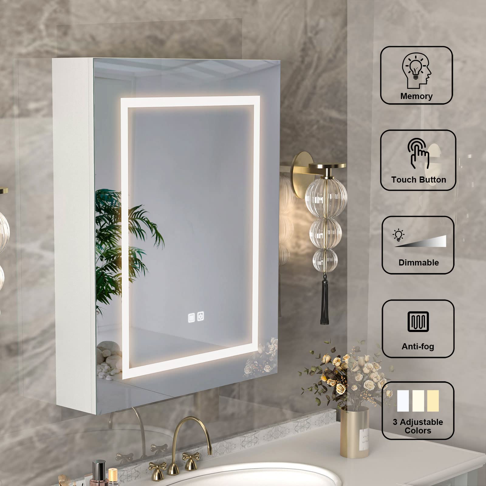 3-Color LED Mirror Medicine Cabinet with Defogging - 24x30 Inch Wall Mounted Bathroom Storage Cabinet with Adjustable Lighting - Perfect for Makeup, Shaving & Medicine Organization in Modern Homes