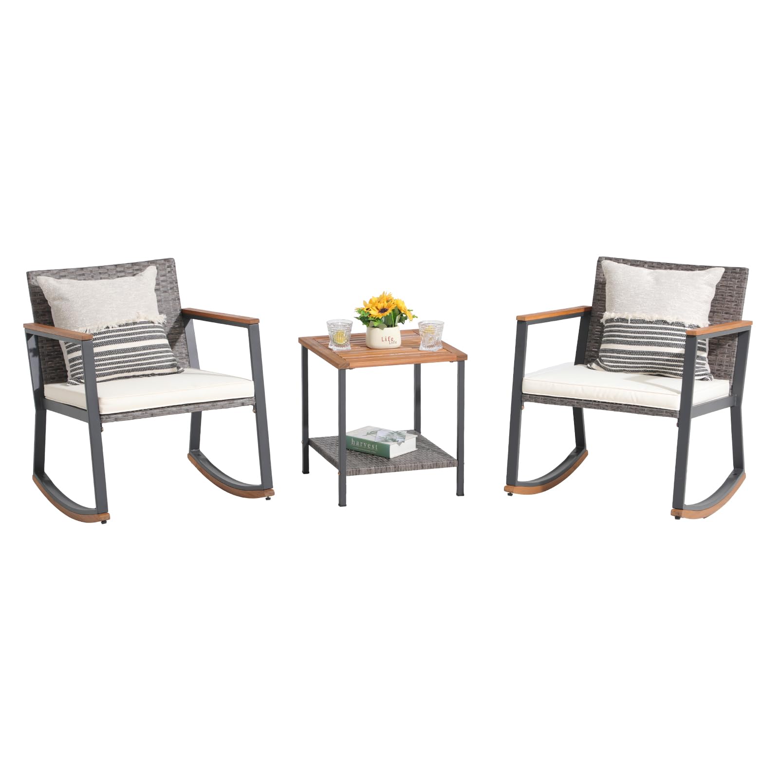 OC Orange-Casual 3-Piece Outdoor Rocking Bistro Set - Patio Wicker Furniture with Coffee Table & Cushions - Perfect for Garden, Yard, Porch, Balcony - White | Ideal for Relaxing, Entertaining & Outdoor Dining