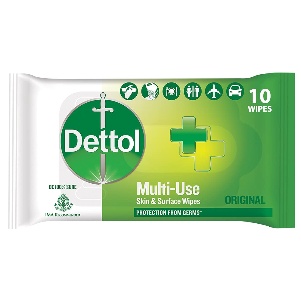Dettol Germ Protection Wet Wipes for Skin & Surfaces, Original Scent - 10 Count Pack with Moisture-Lock Lid | Antibacterial Cleaning Wipes for Home, Office & Travel Use