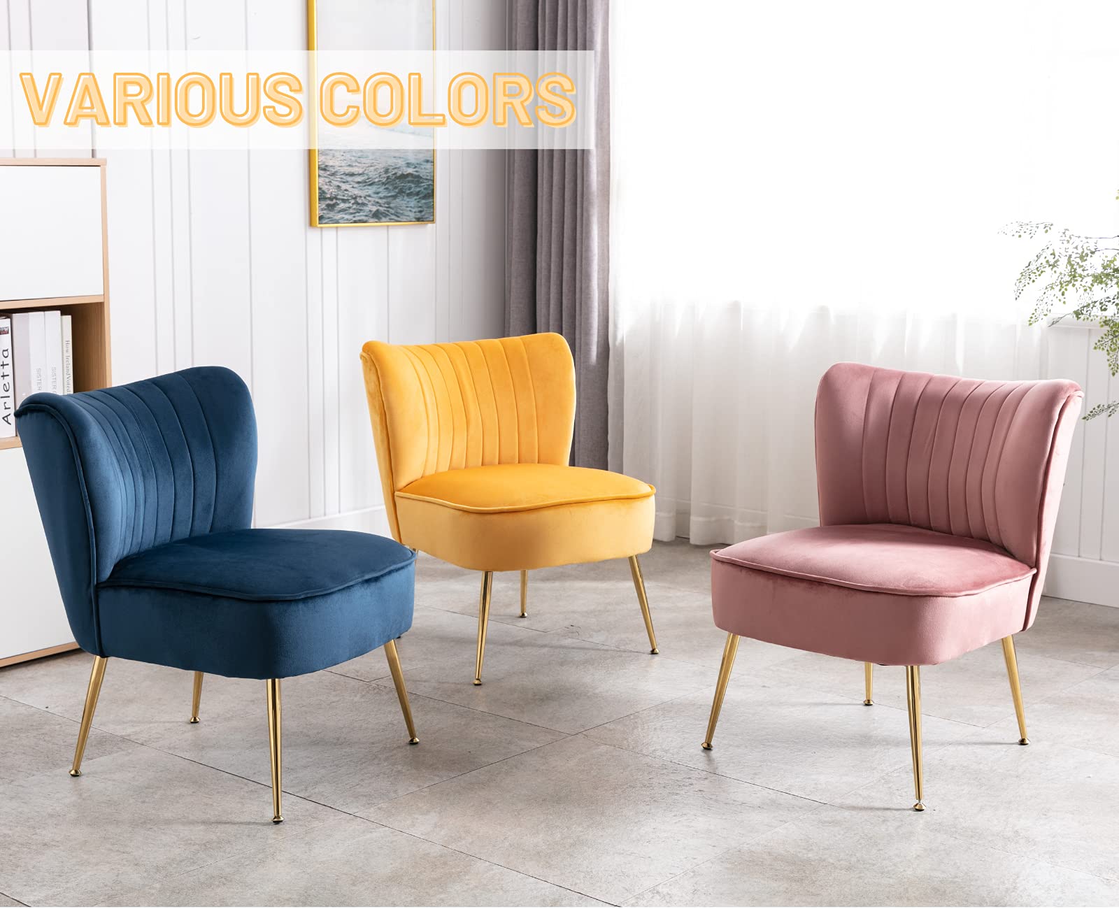 CIMOTA Velvet Accent Chairs Set of 2 - Modern Armless Slipper Chairs with Golden Legs, Wingback Design for Living Room, Bedroom & Office - Soft Pink Upholstered Lounge Seating for Reading Nook, Guest Room or Cozy Corner