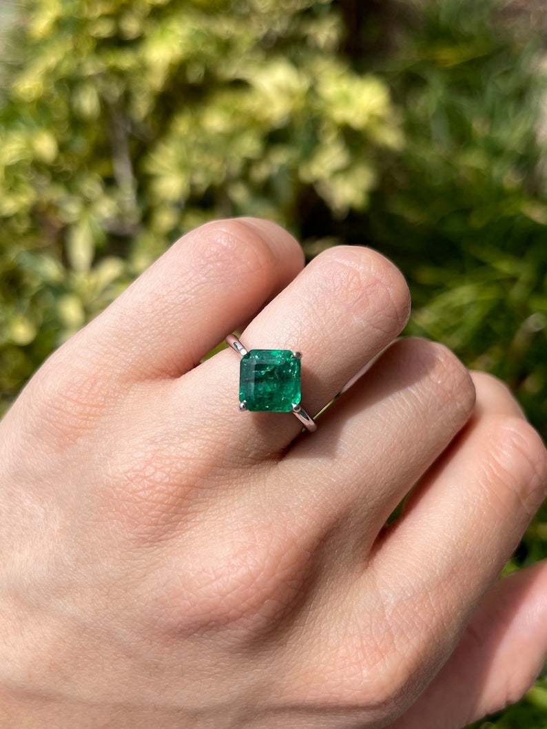3.65tcw Asscher Cut Emerald & Diamond Accent Prong Set Ring in 14K White Gold | Elegant Wedding, Engagement & Anniversary Jewelry Gift for Women