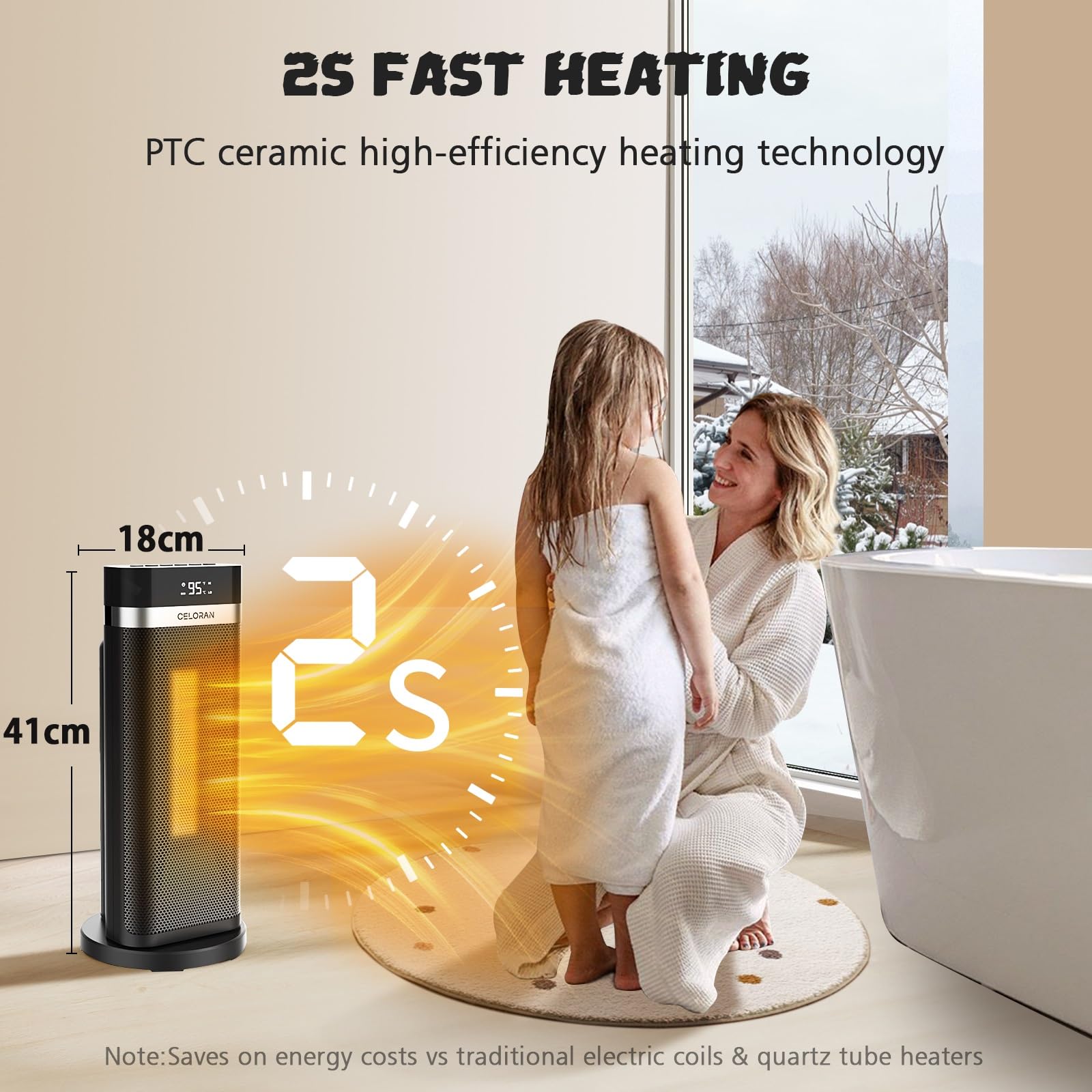 Celoran 1500W PTC Ceramic Space Heater with Remote Control - Portable Electric Heater for Indoor Use in Office, Home & Bedroom - 90° Oscillation, 12H Timer, Multiple Safety Protections - Perfect for Winter Warmth and Energy Efficient Heating
