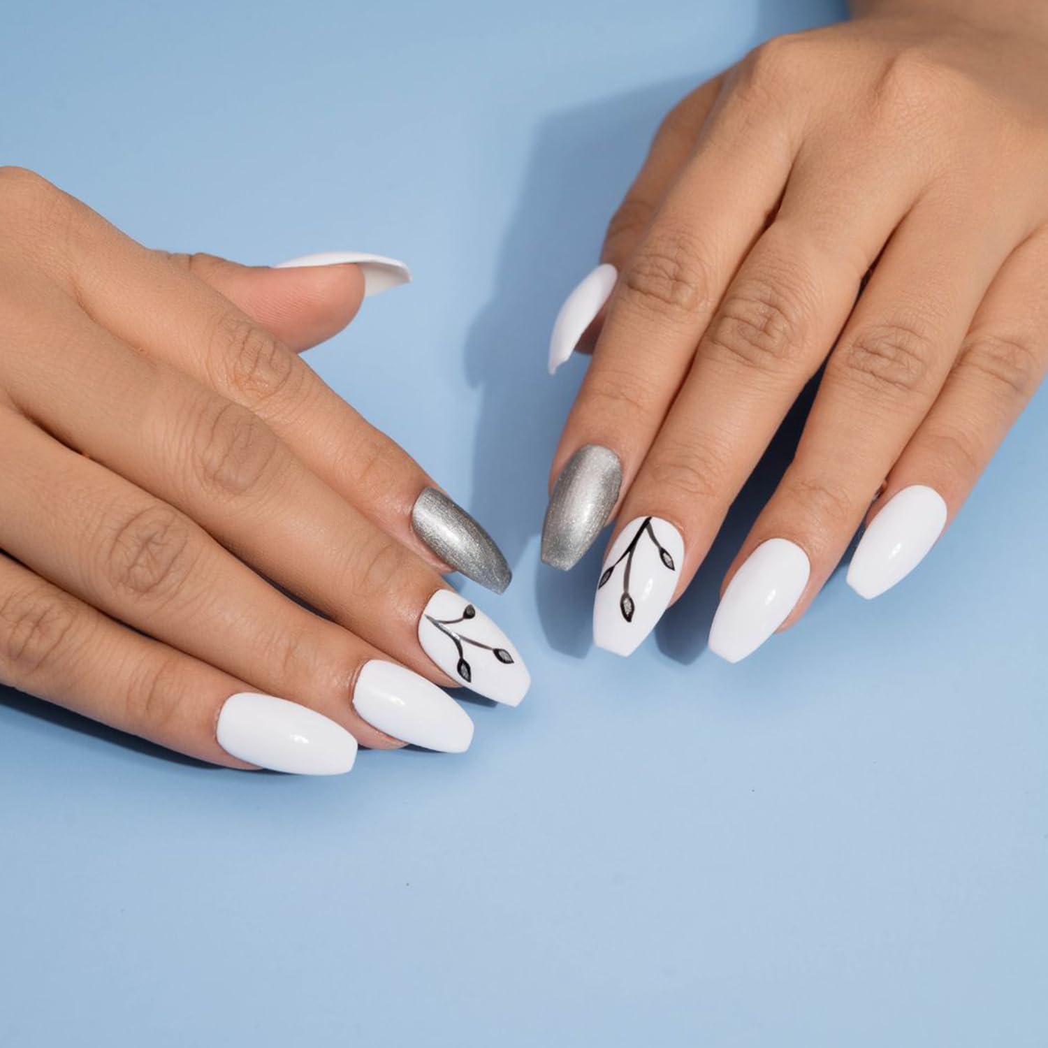 Premium Fake Press-On Nails - White & Grey Set of 20 | Reusable Full Coverage Artificial Nails with UV Gel Polish | Easy to Use Stick-On Nail Extensions for Both Hands | Perfect for Parties, Weddings, and Everyday Wear