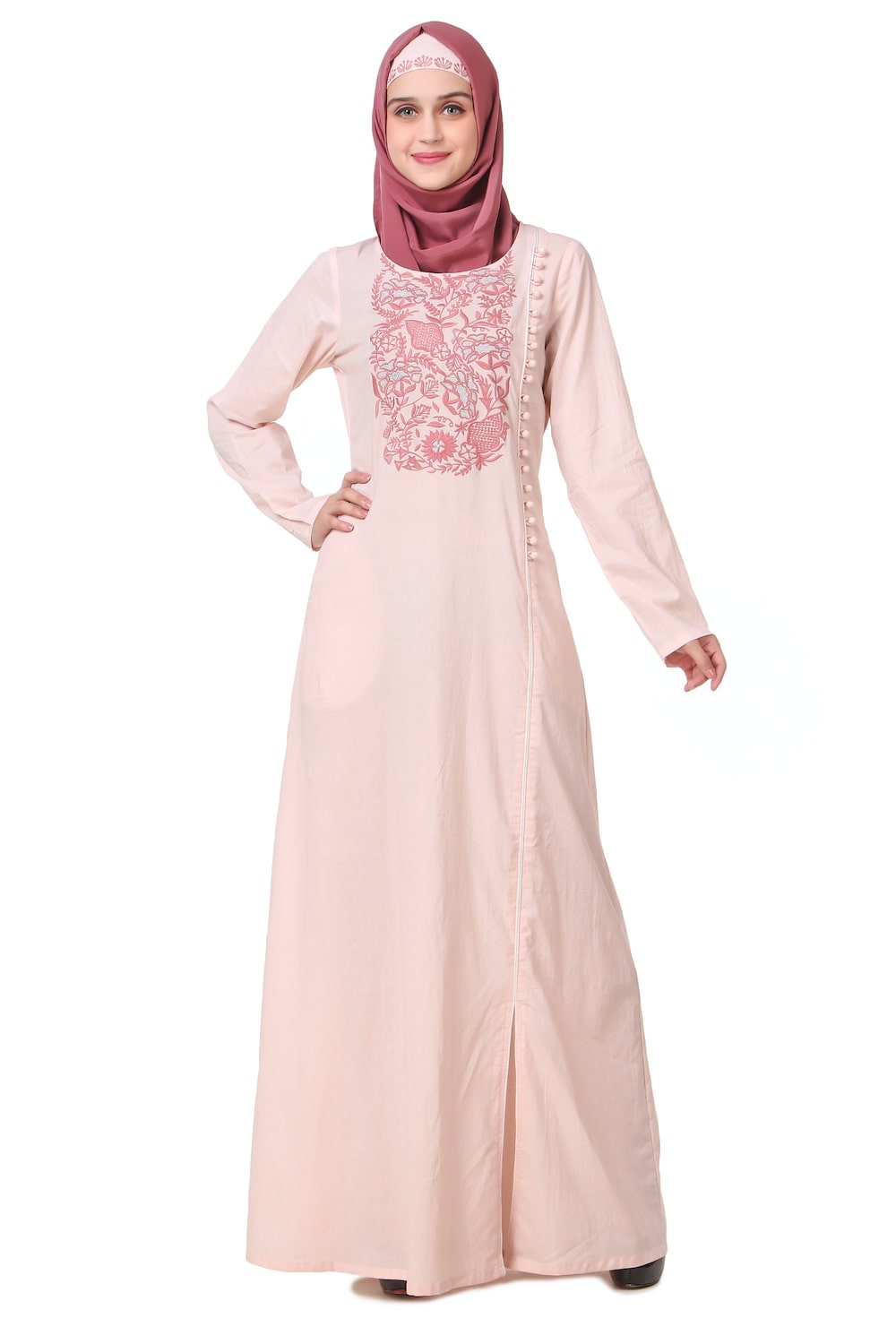Embellished Side Button Cotton Abaya Dress for Women - Modest Islamic Prayer Dress for Mosque & Special Occasions