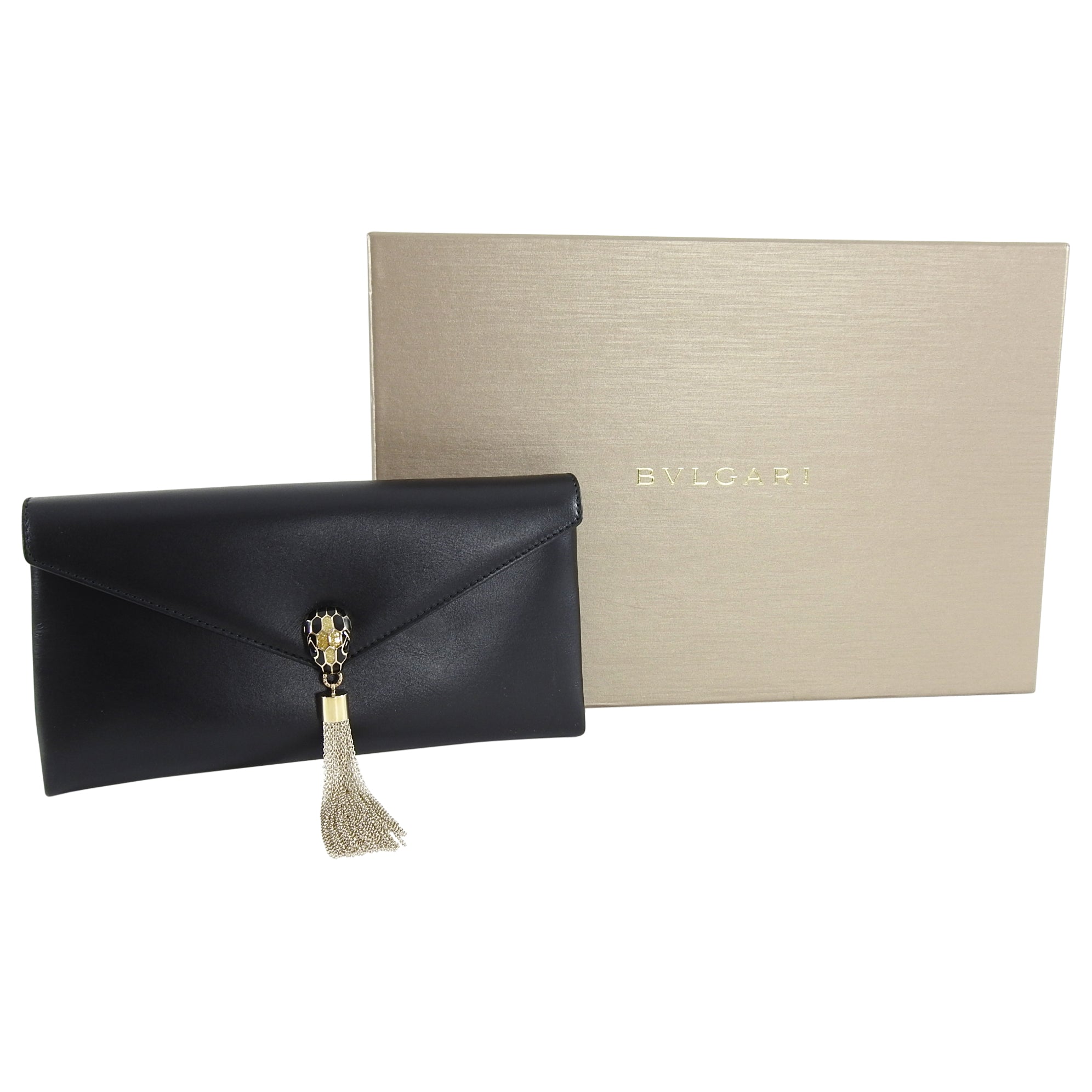 Bulgari Serpenti Enamel Snake Black Leather Clutch Bag for Women - Luxury Designer Evening Clutch for Parties, Weddings & Special Occasions
