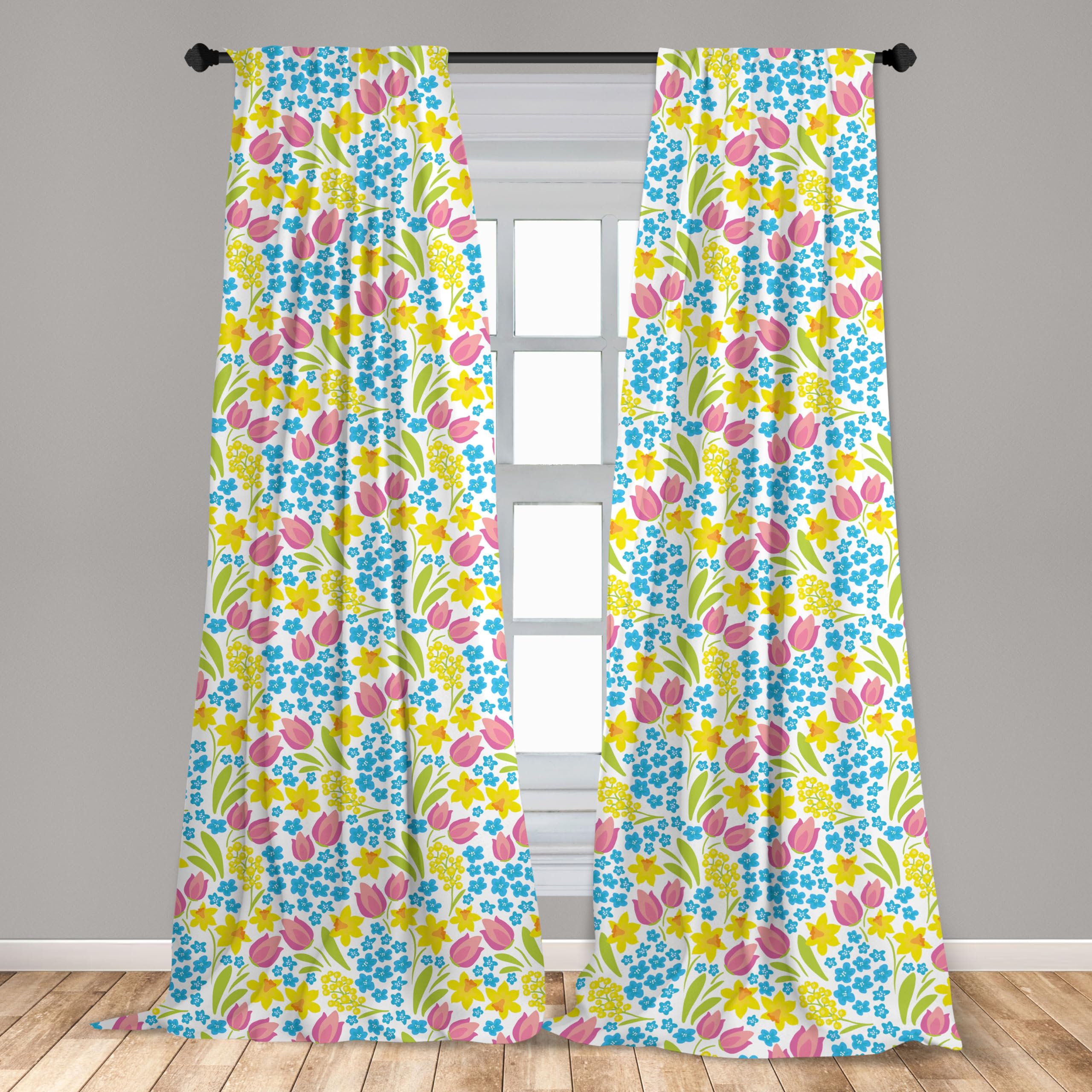 Ambesonne Floral Window Curtains - Spring Meadow Print with Daffodils Tulips & Mimosas, Lightweight 2-Panel Rod Pocket Curtain Set (28x84 inches) in Blue & Pink - Perfect for Living Room, Bedroom & Nursery Decor