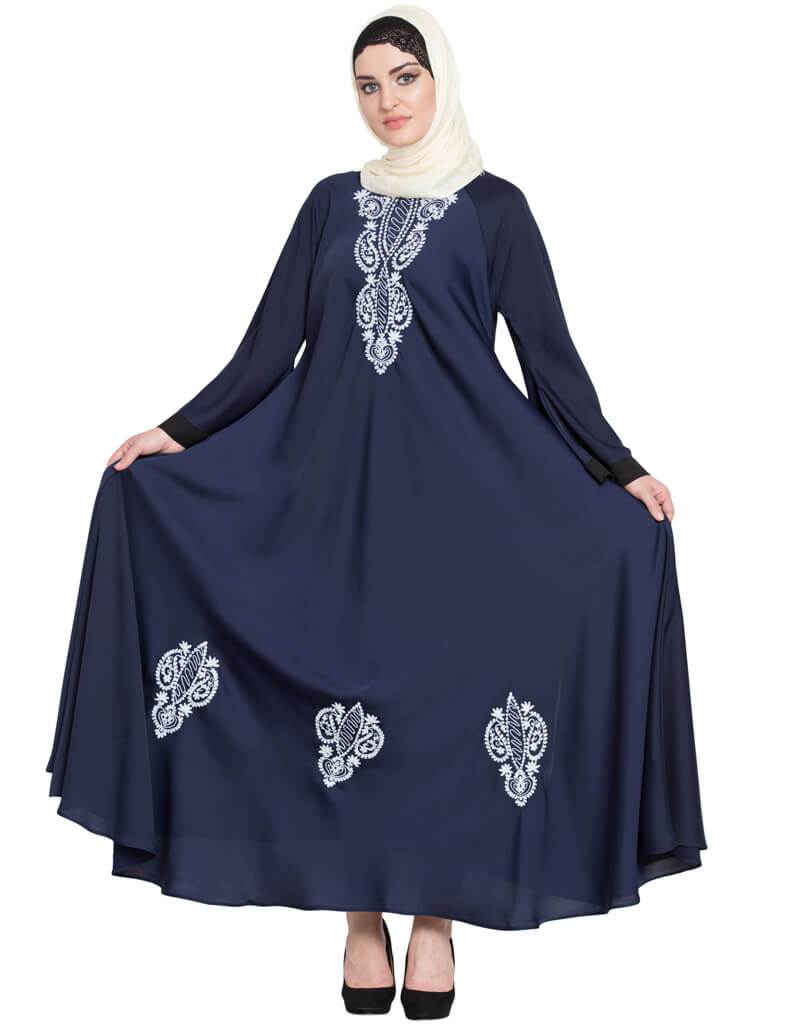 Hand Embroidered Arabic Umbrella Nida Abaya in Blue - Perfect for Islamic Prayer, Mosque Visits & Special Occasions