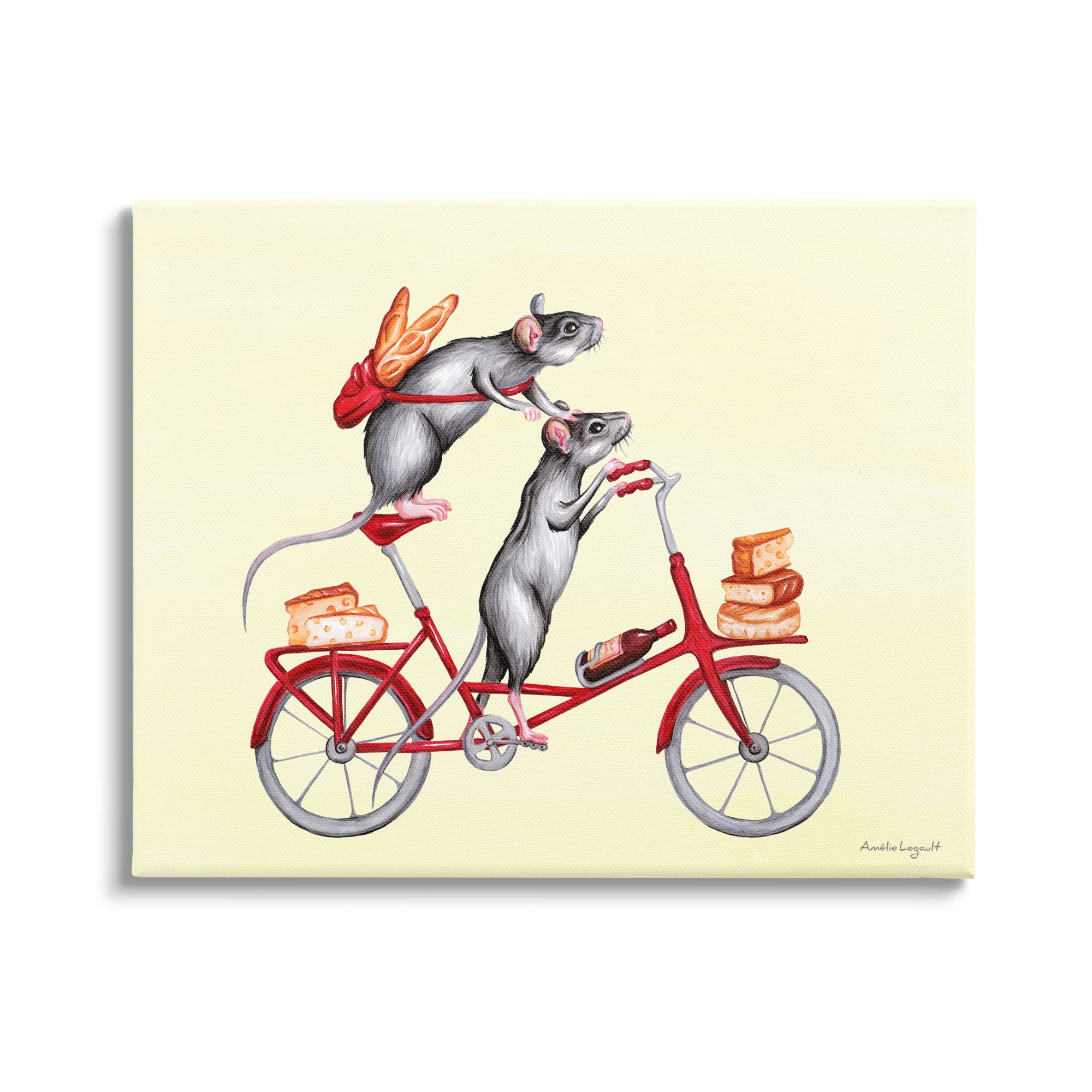 Stupell Industries - Whimsical Mice on Bicycle Carrying Picnic Lunch with Bread & Cheese Wall Art | Designed by Amelie Legault | Perfect for Kitchen Decor, Dining Room Art & Unique Gift Ideas