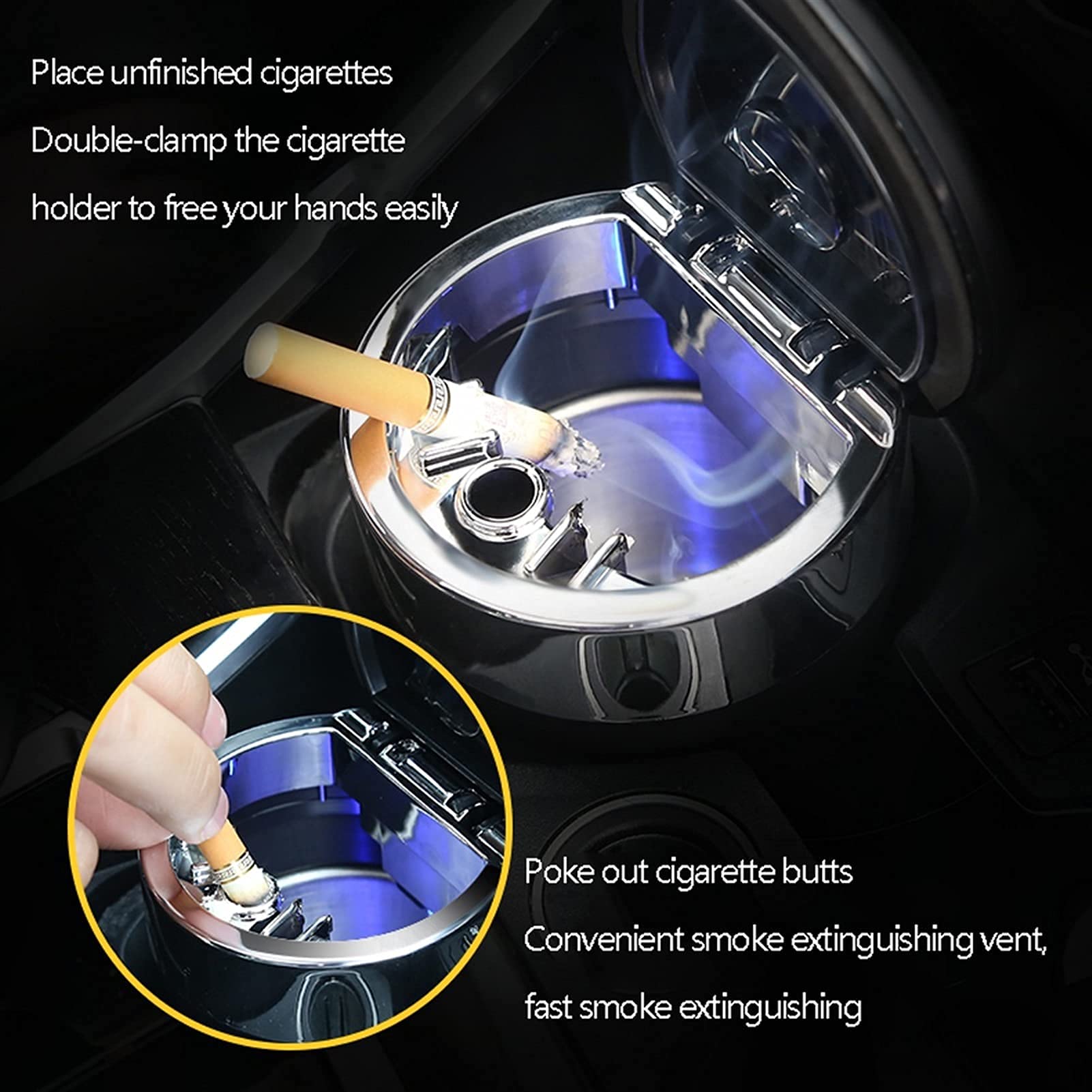 Premium Stainless Steel Car Ashtray with USB LED Lights - Detachable, Odor-Free, Easy Clean Design for Cup Holders | Perfect for Office, Bedroom & Travel Gifts (Black)