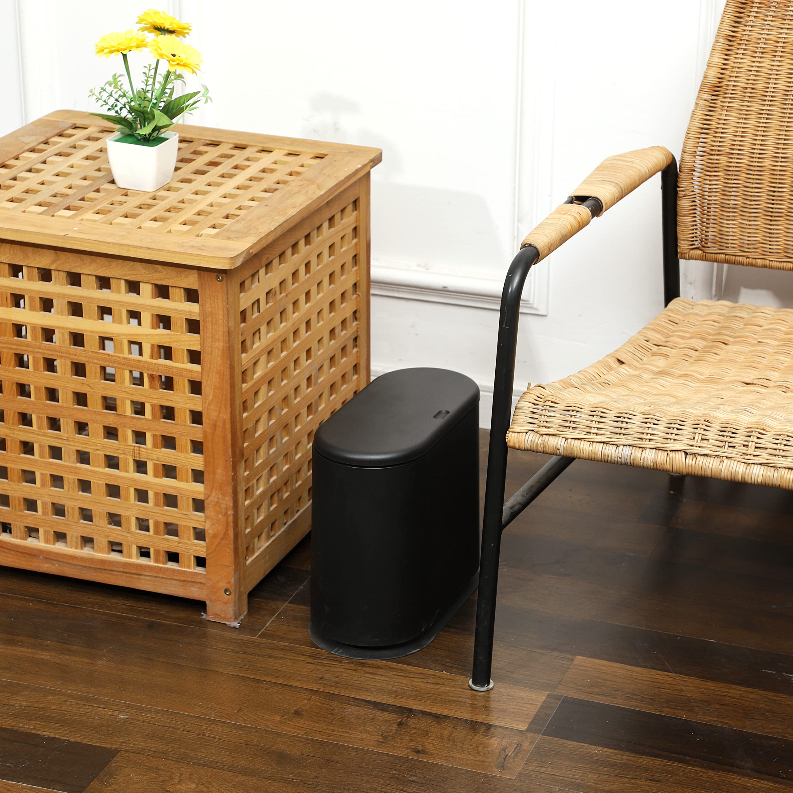 12L Press-Top Plastic Trash Can - 3.17 Gallon Narrow Bathroom Garbage Bin with Lid, Dog-Proof Design for Bedroom, Kitchen, Office & Dorm - Ideal for Small Spaces & Pet Owners (Black, Pack of 1)